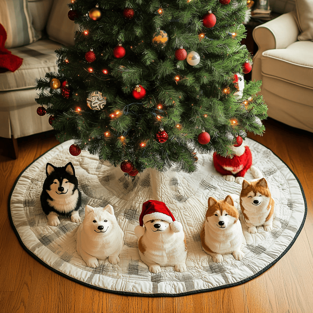 Winter Akita Wonderland Christmas Quilted Tree Skirt Lovely Holiday Tree Skirt for Festive Vibes