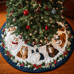 Meowy Christmas Cheer Christmas Quilted Tree Skirt Warm and Soft Christmas Tree Skirt for Winter