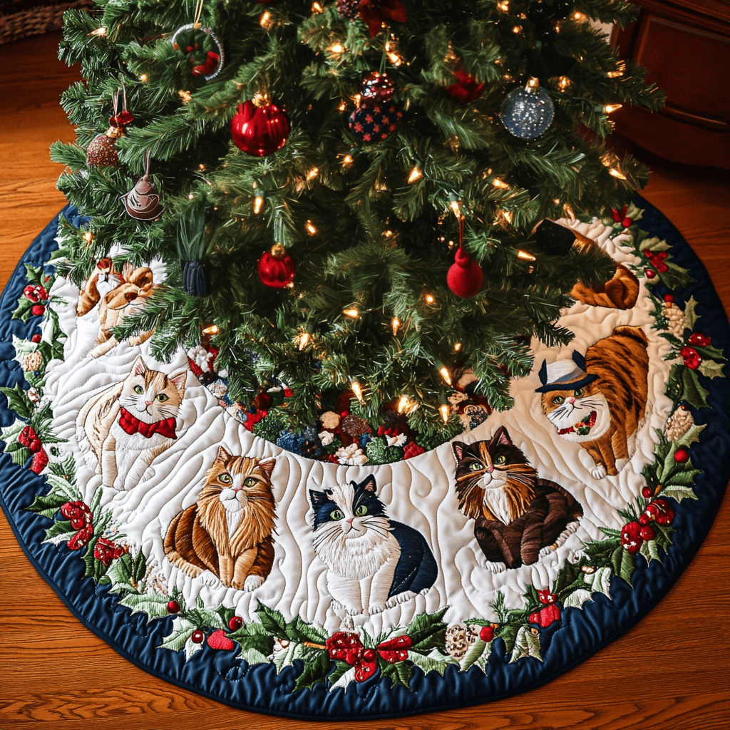 Meowy Christmas Cheer Christmas Quilted Tree Skirt Warm and Soft Christmas Tree Skirt for Winter