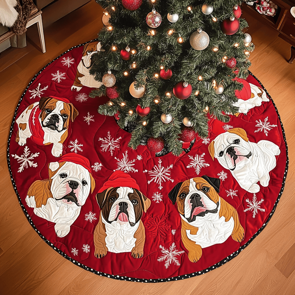 Merry Bulldog Moments Christmas Quilted Tree Skirt Luxury Christmas Tree Skirt for Elegant Homes