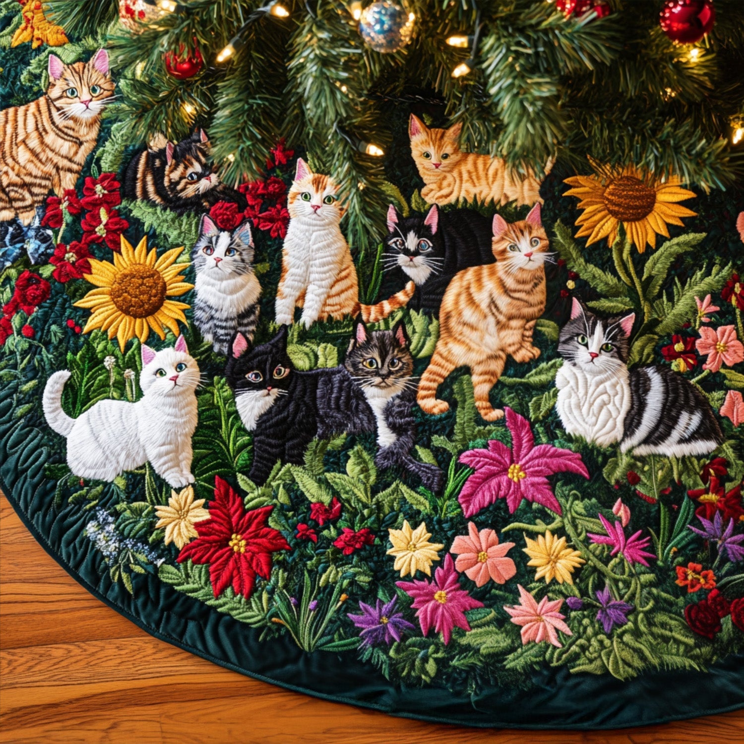 Whiskers And Wildflowers Quilted Christmas Tree Skirt Classic Red and White Tree Skirt for Traditional Decor