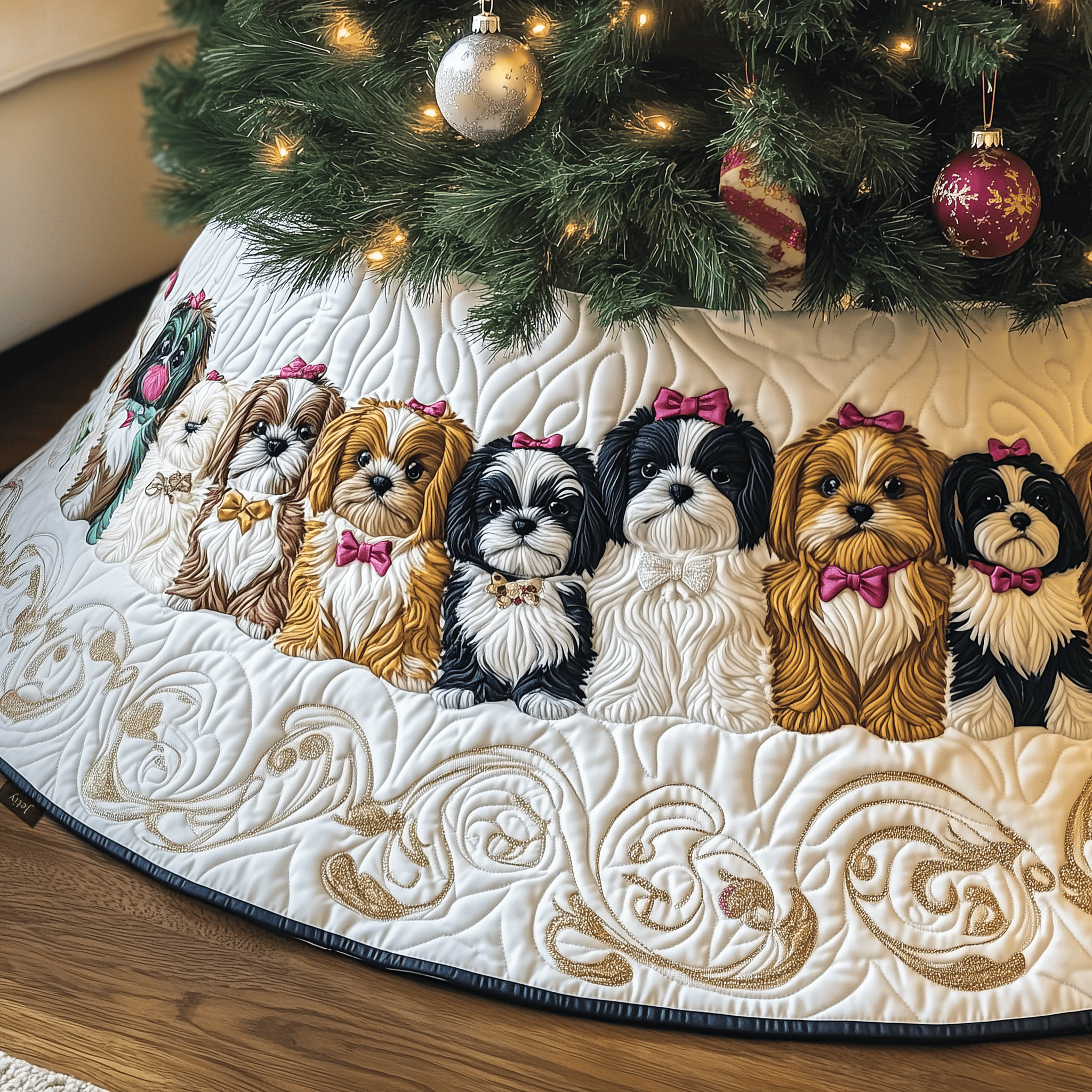 Adorable Christmas Shih Tzu Quilted Tree Skirt Merch For Dad