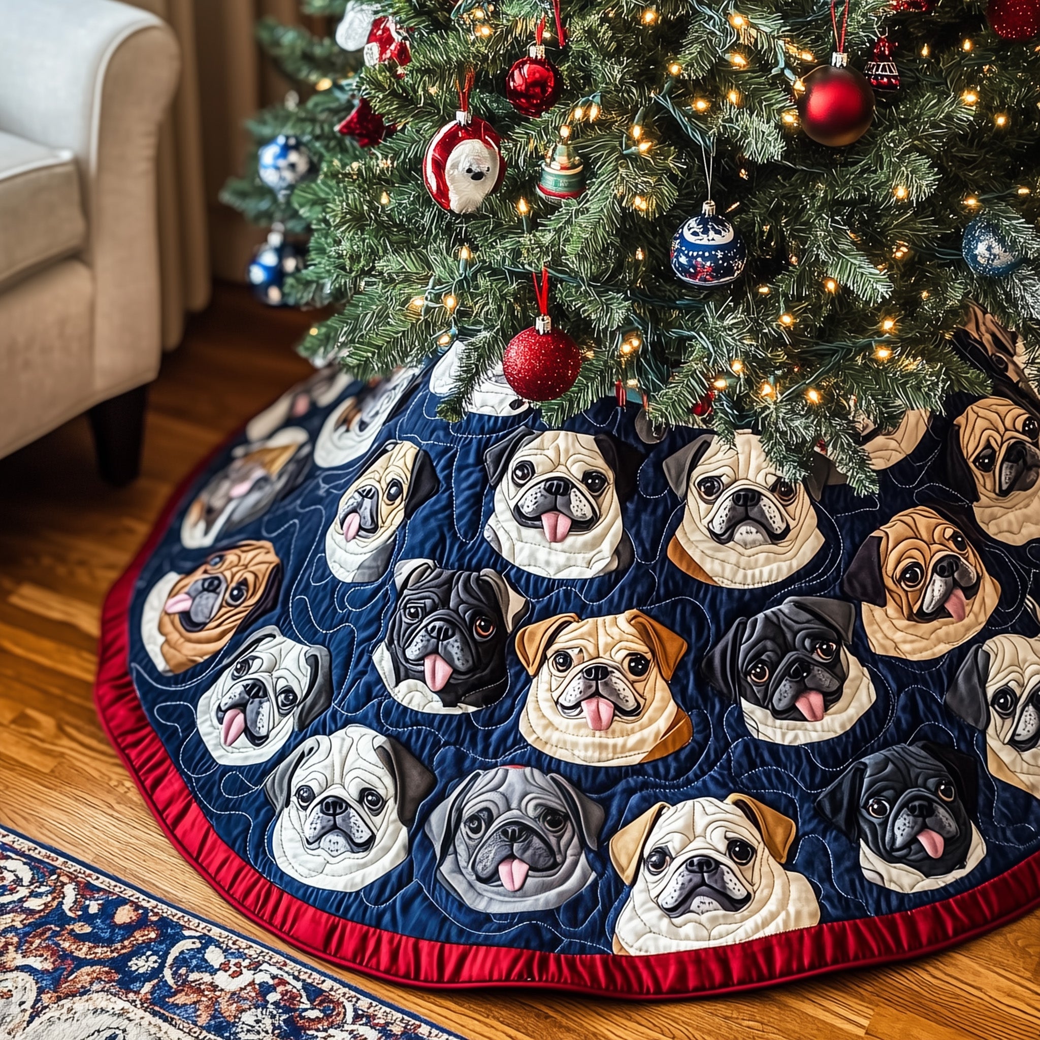 Adorable Pugs Quilted Tree Skirt New Year Merch Gift