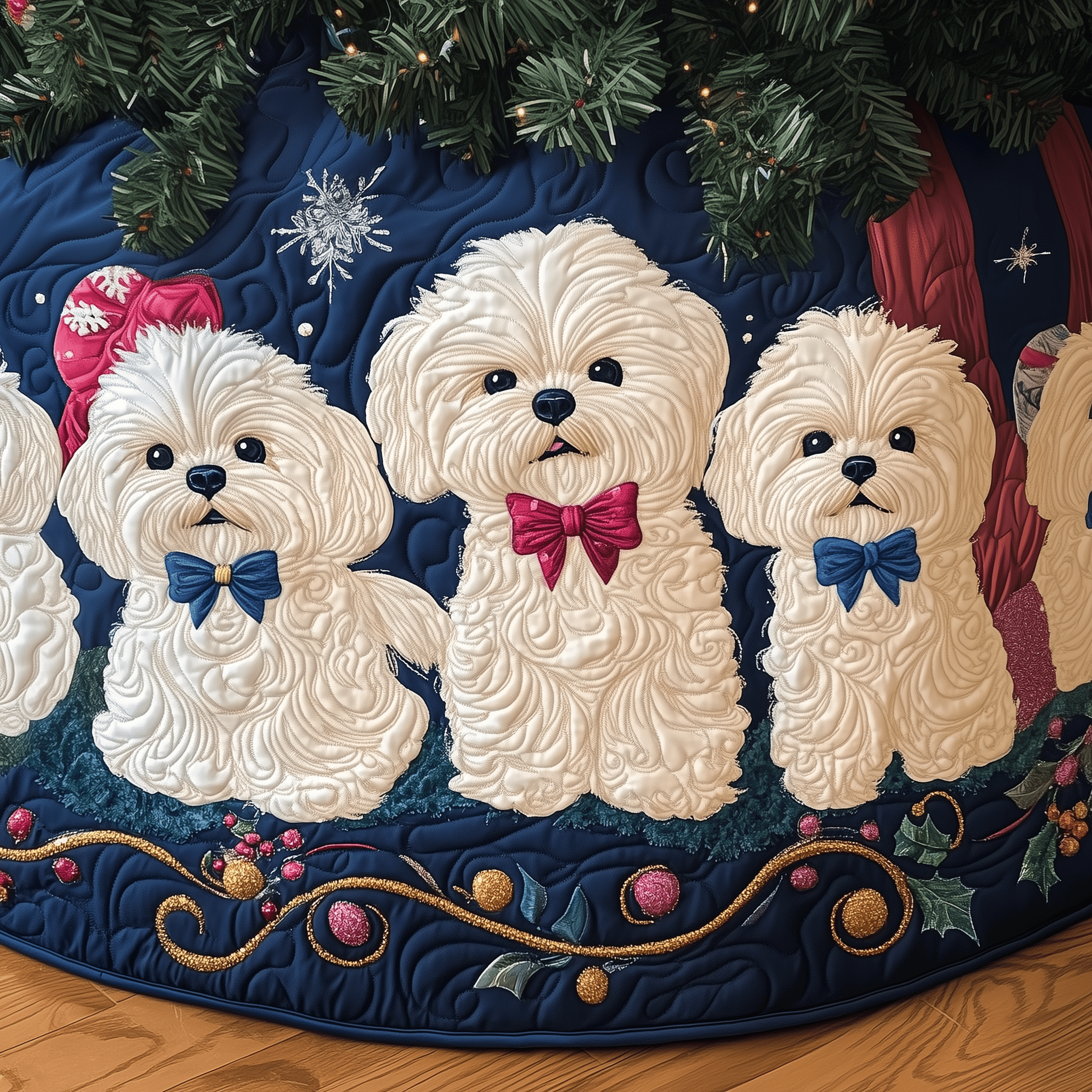 Christmas Bichon Quilted Tree Skirt Merch For Family