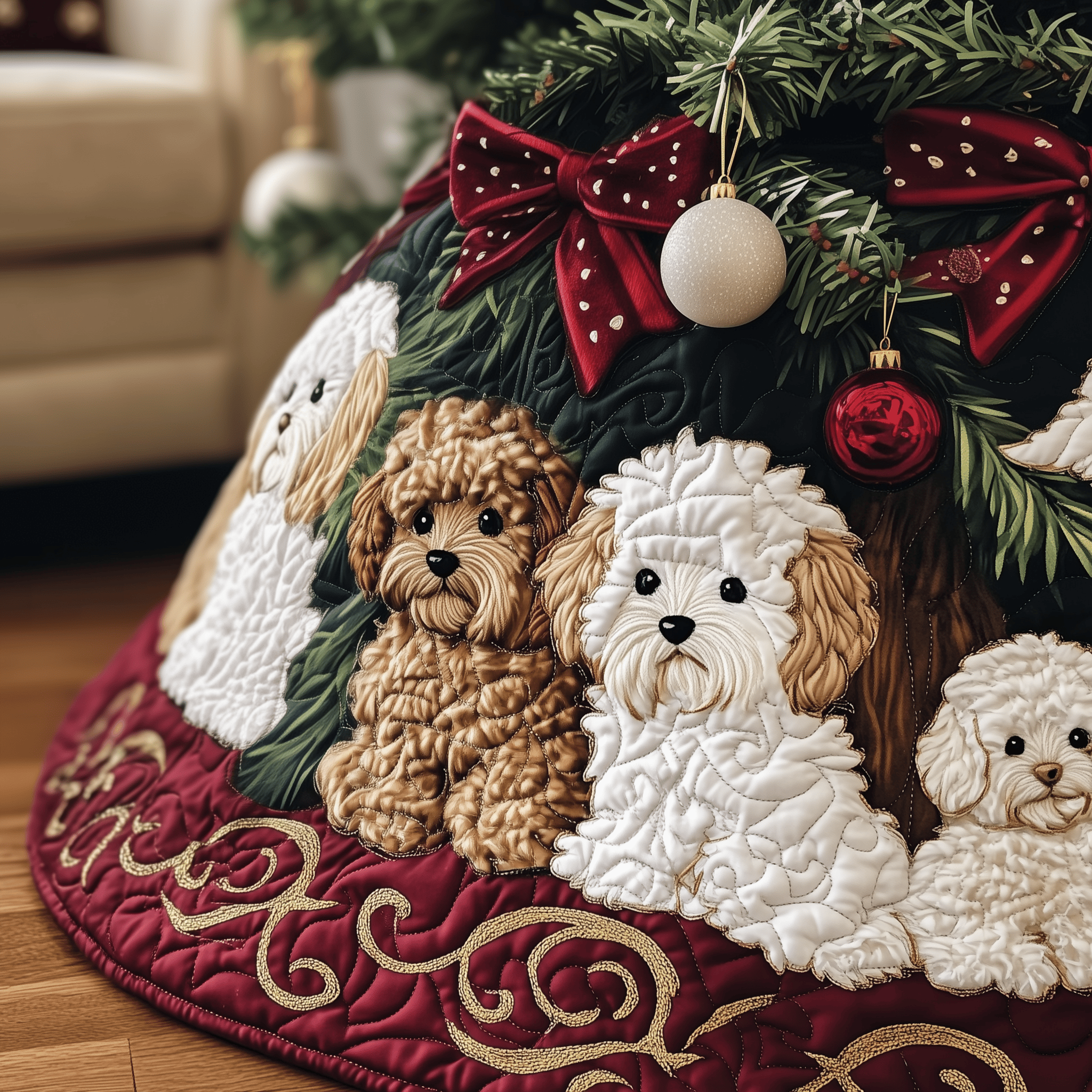 Christmas Bichon Frise Quilted Tree Skirt Anniversary Merch Gift