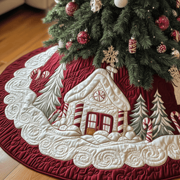 Candy Canes Whimsical House Quilted Tree Skirt Christmas Merch Gift