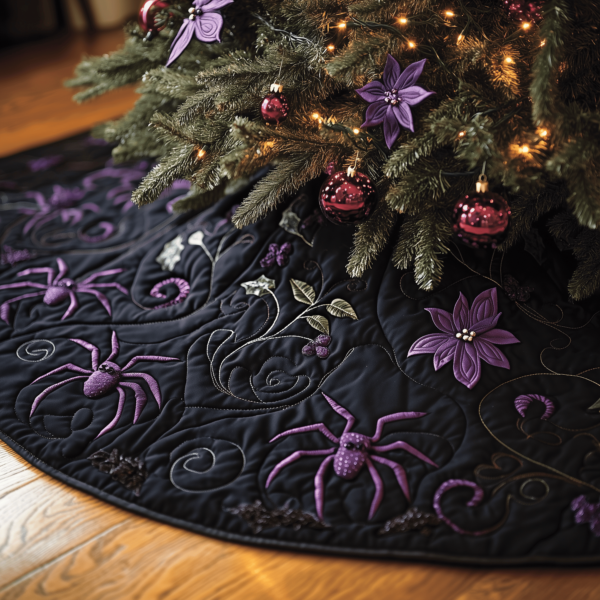 Christmas Black Spiders Quilted Tree Skirt Merch For Family Time