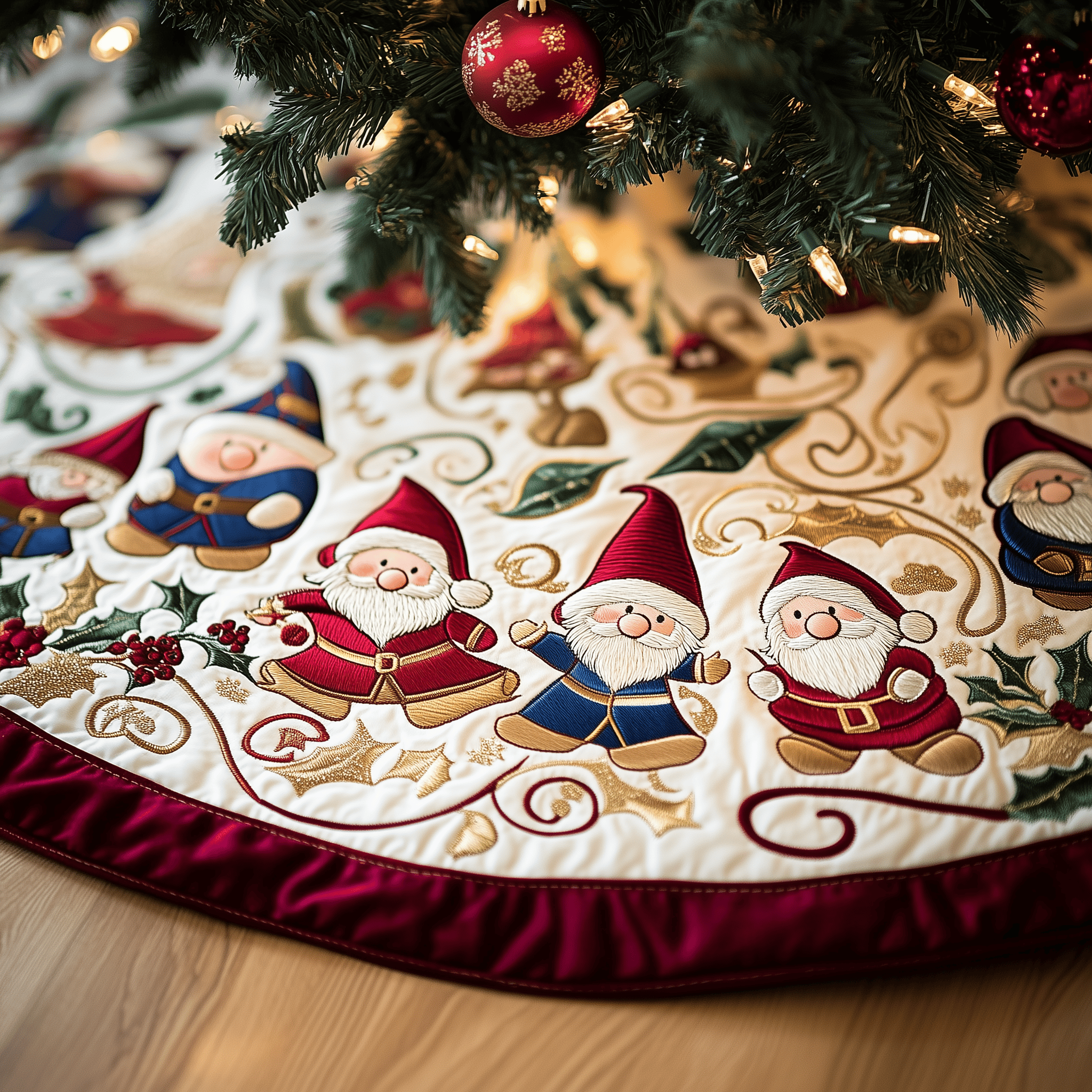 Cheerful Gnomes Quilted Tree Skirt Unique Gift Merch For Friends