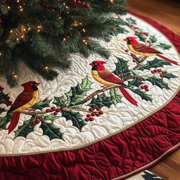 Cardinal Charm Quilted Tree Skirt Thanksgiving Merch Gift