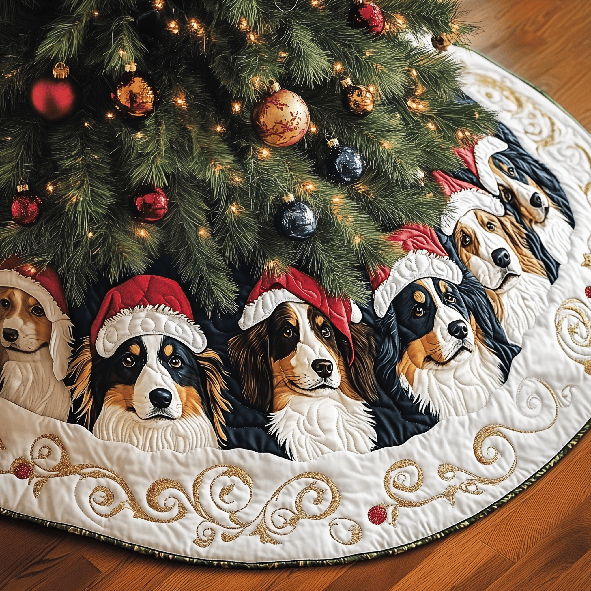 Christmas Australian Shepherd Quilted Tree Skirt Merch For Couples