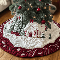 Candy Canes Whimsical House Quilted Tree Skirt Valentine�s Day Merch Gift