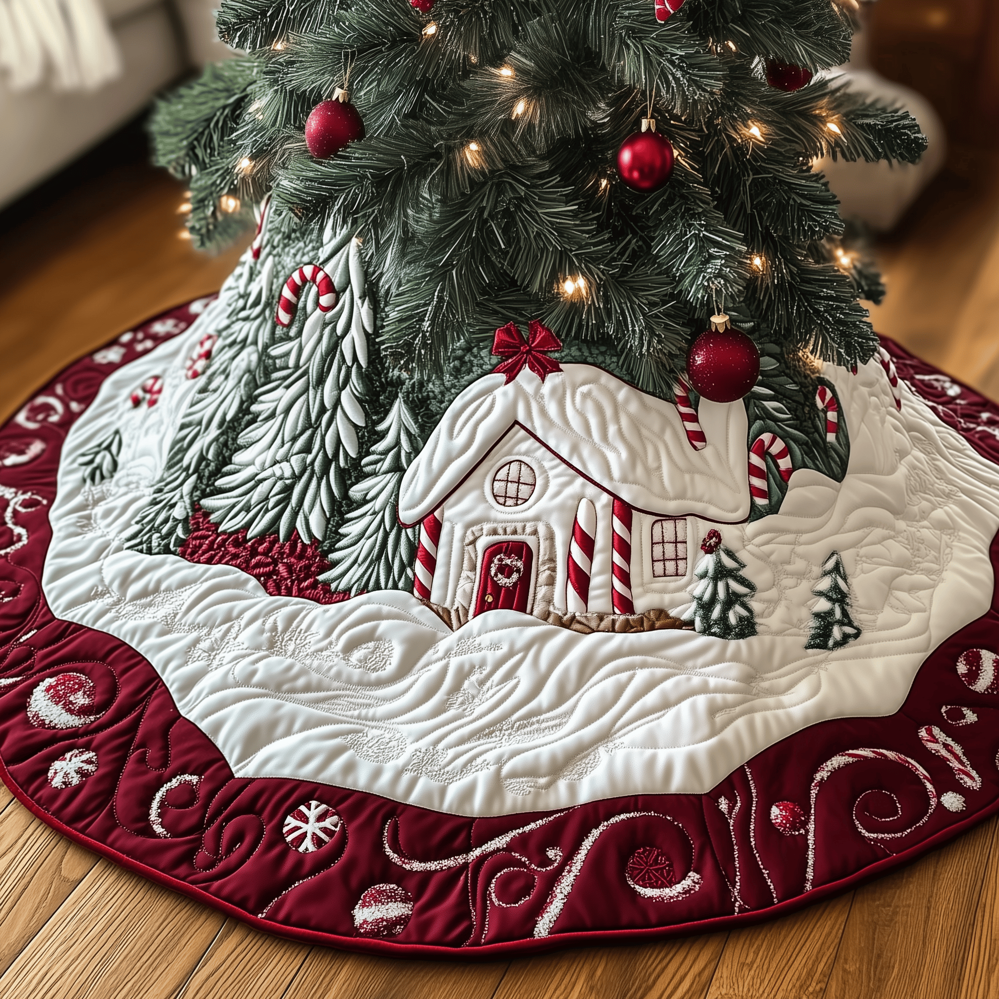 Candy Canes Whimsical House Quilted Tree Skirt Valentine�s Day Merch Gift