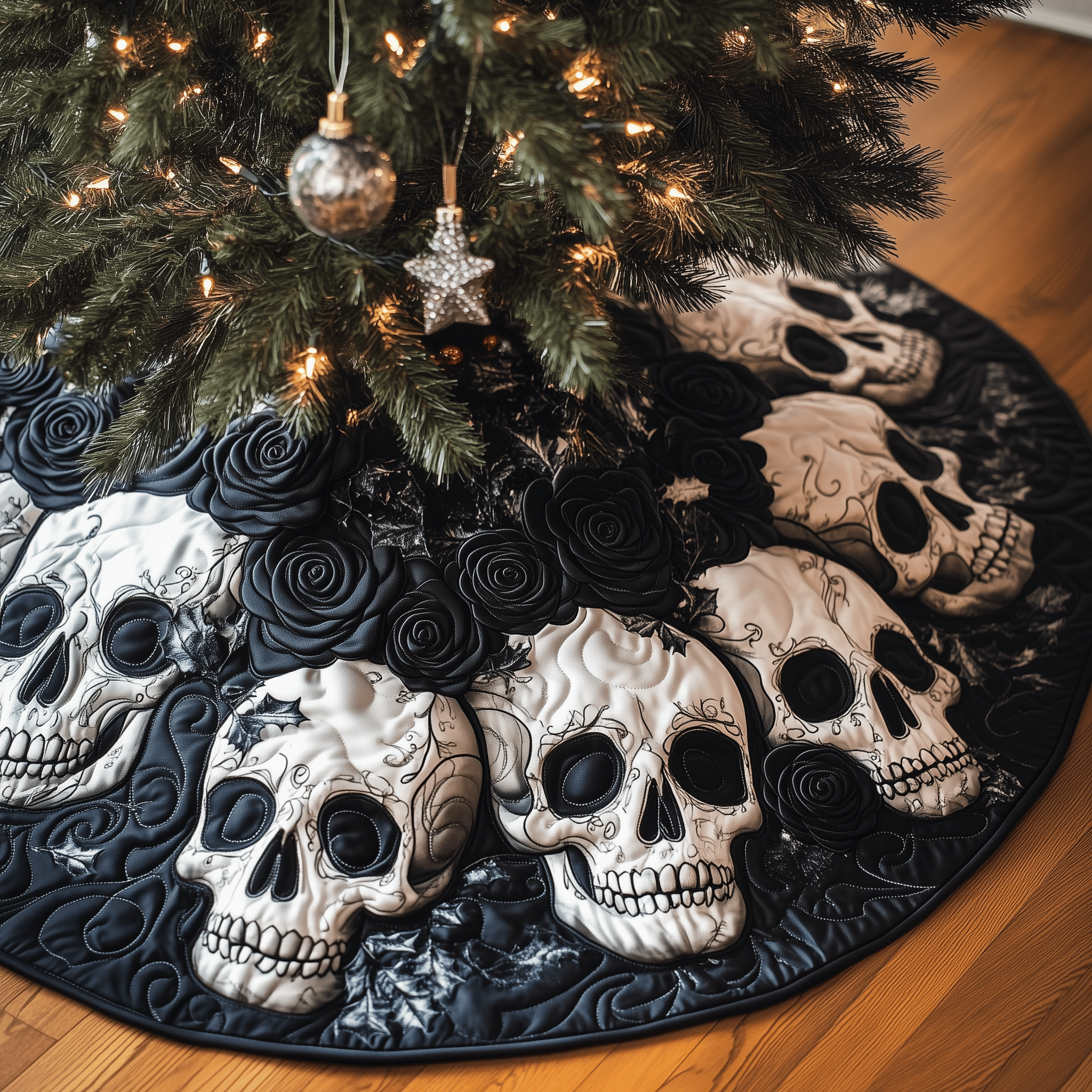 Christmas Black Rose Skull Quilted Tree Skirt Winter Merch Essentials