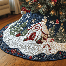 Candy Canes Whimsical House Quilted Tree Skirt Stylish Holiday Decor Gift Merch