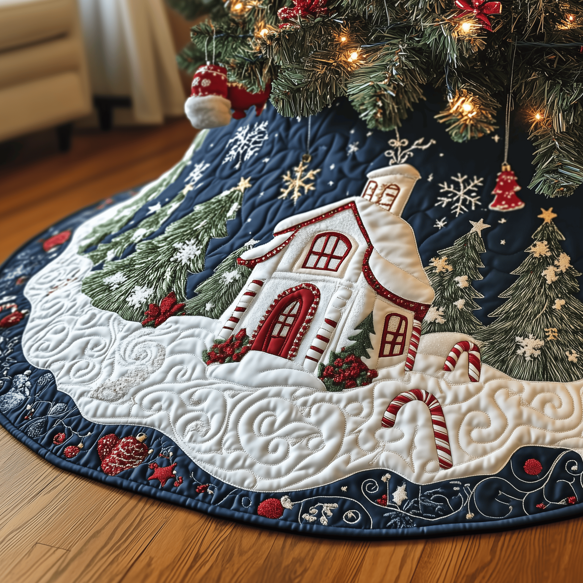 Candy Canes Whimsical House Quilted Tree Skirt Stylish Holiday Decor Gift Merch