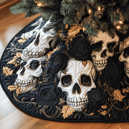 Christmas Black Rose Skull Quilted Tree Skirt Spring Merch Pick