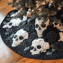 Christmas Black Rose Skull Quilted Tree Skirt Holiday Season Merch