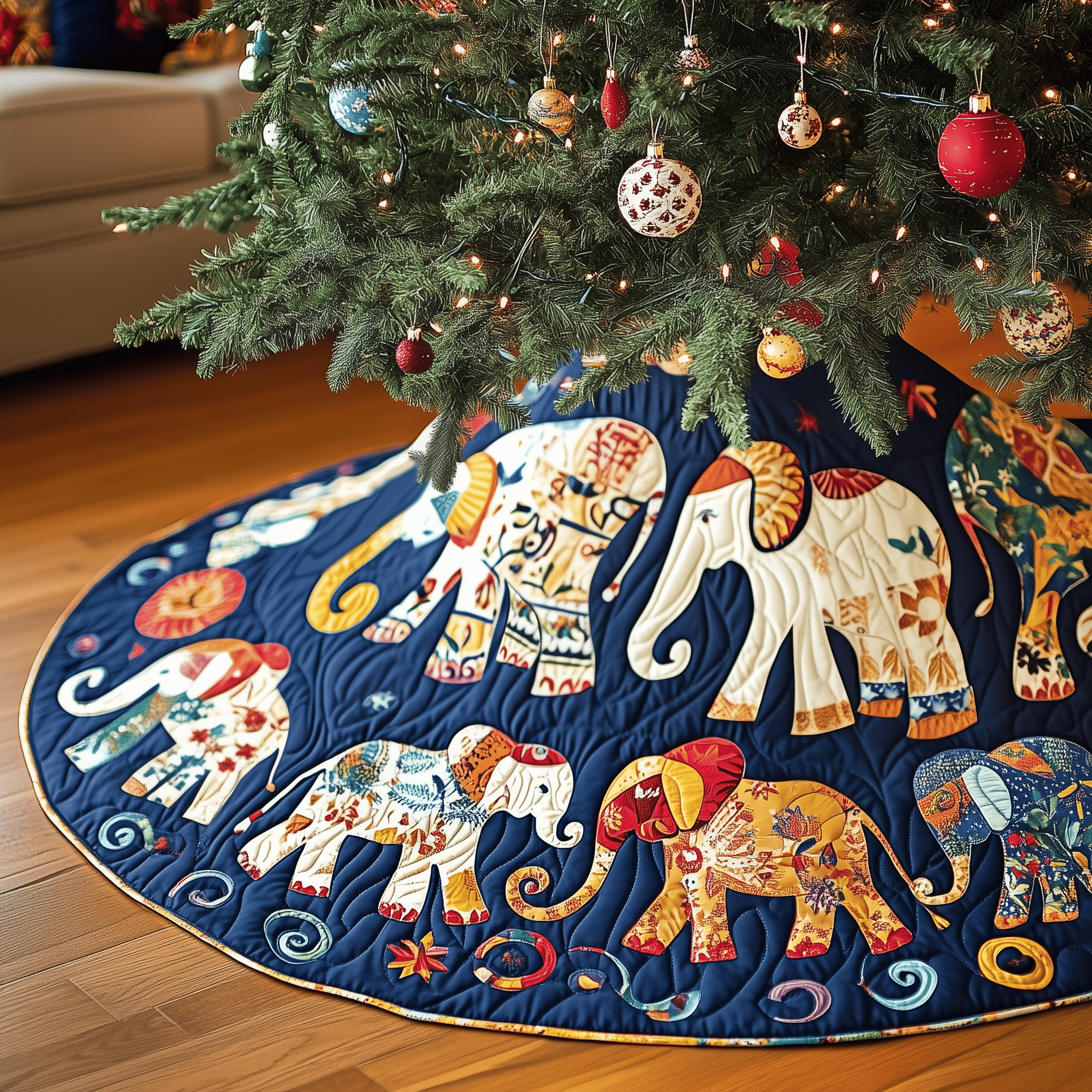 Christmas Elephant Quilted Tree Skirt Warm Gift Merch For Family
