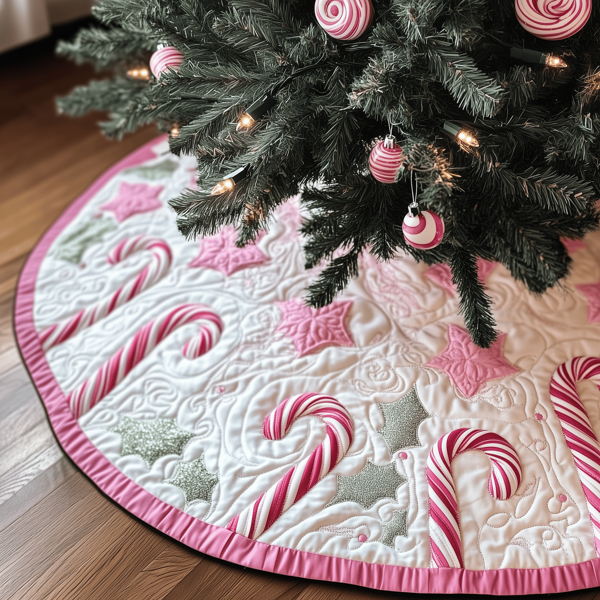 Christmas Candy Canes Quilted Tree Skirt Joyful Home Merch Collection