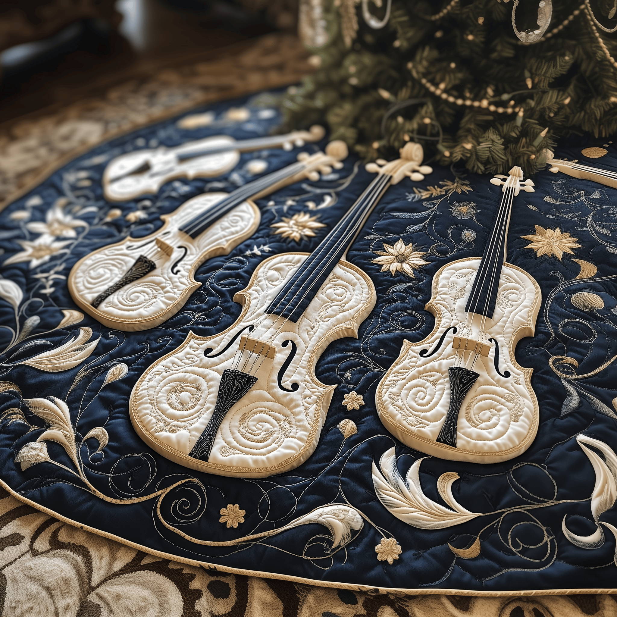 Christmas Elegant Violin Quilted Tree Skirt Meaningful Anniversary Gift Merch