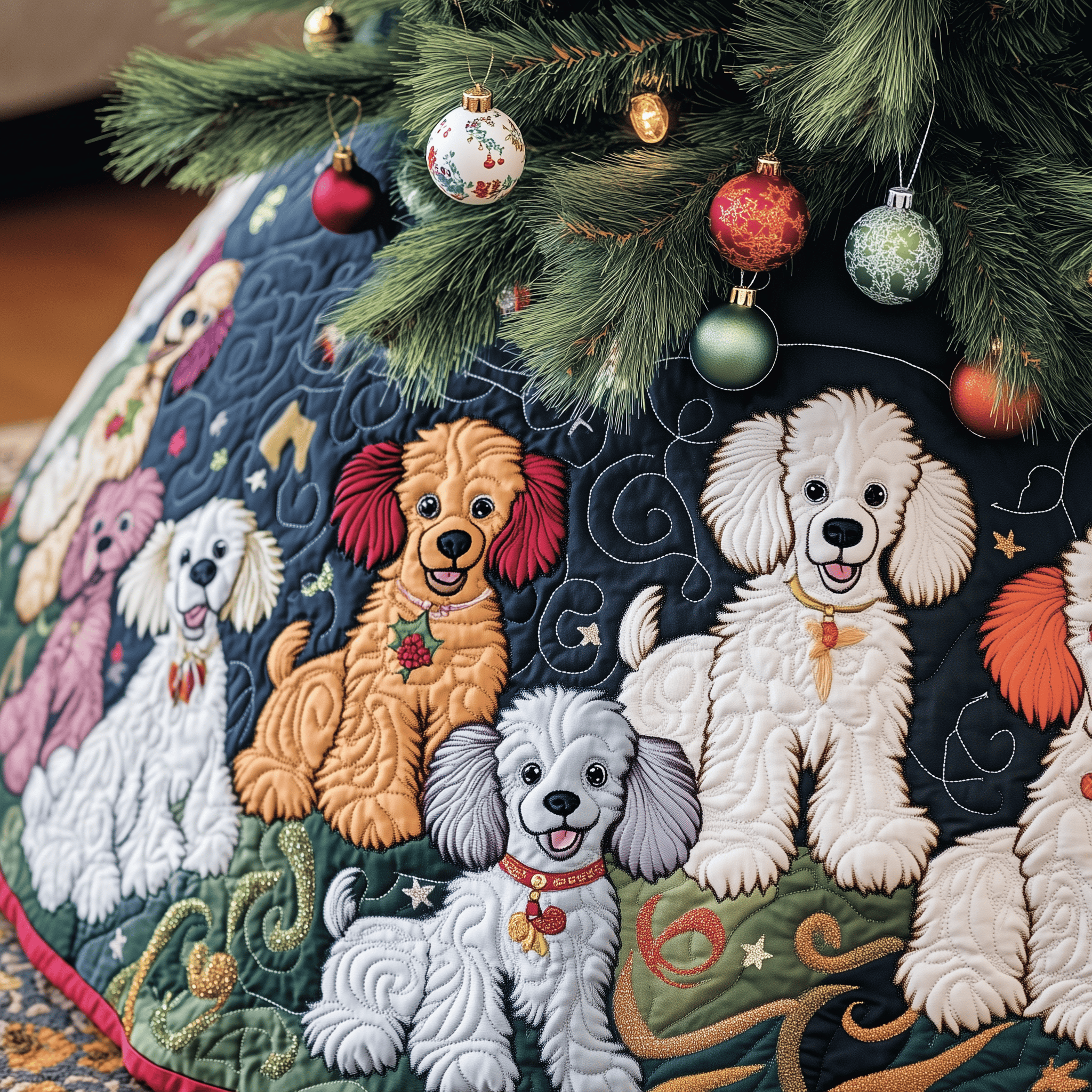 Christmas Colorful Poodle Quilted Tree Skirt Thoughtful Gift Merch For Dad