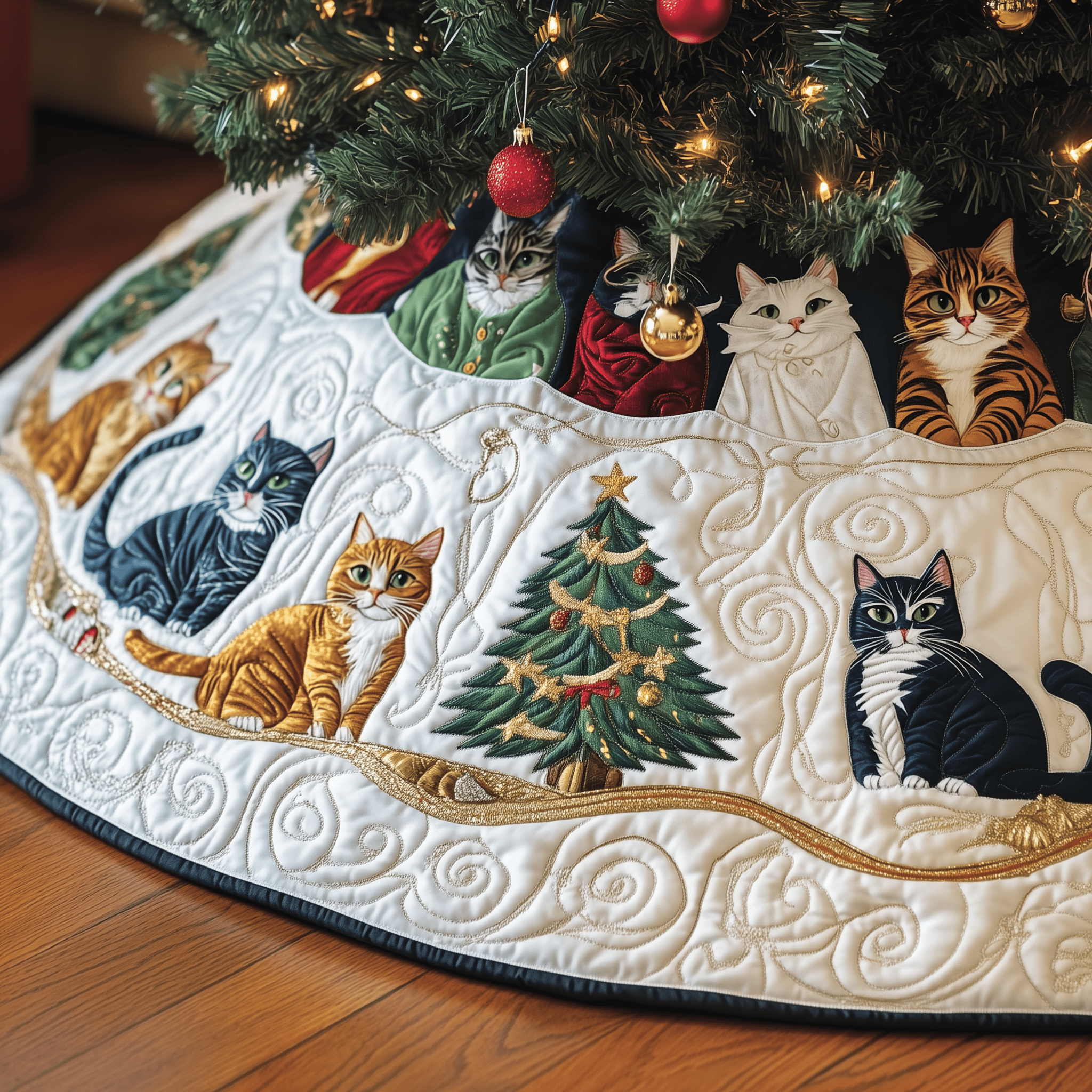 Christmas Cat Quilted Tree Skirt Merch For Mom