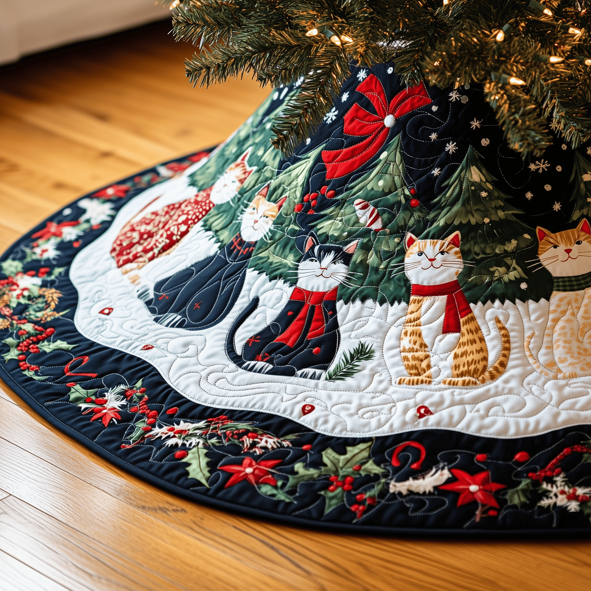 Christmas Cat Quilted Tree Skirt Summer Merch Vibes