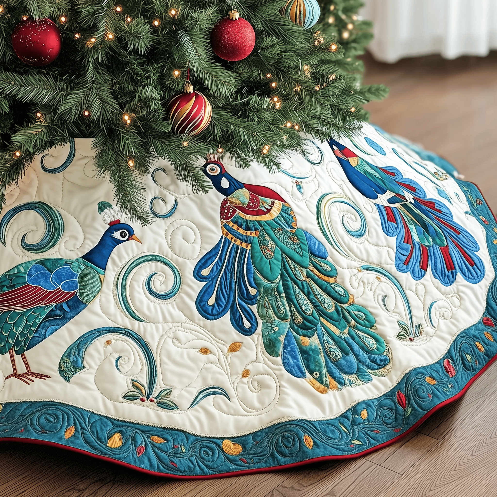 Christmas Peacock Quilted Tree Skirt Lovely Gift Merch For Couples