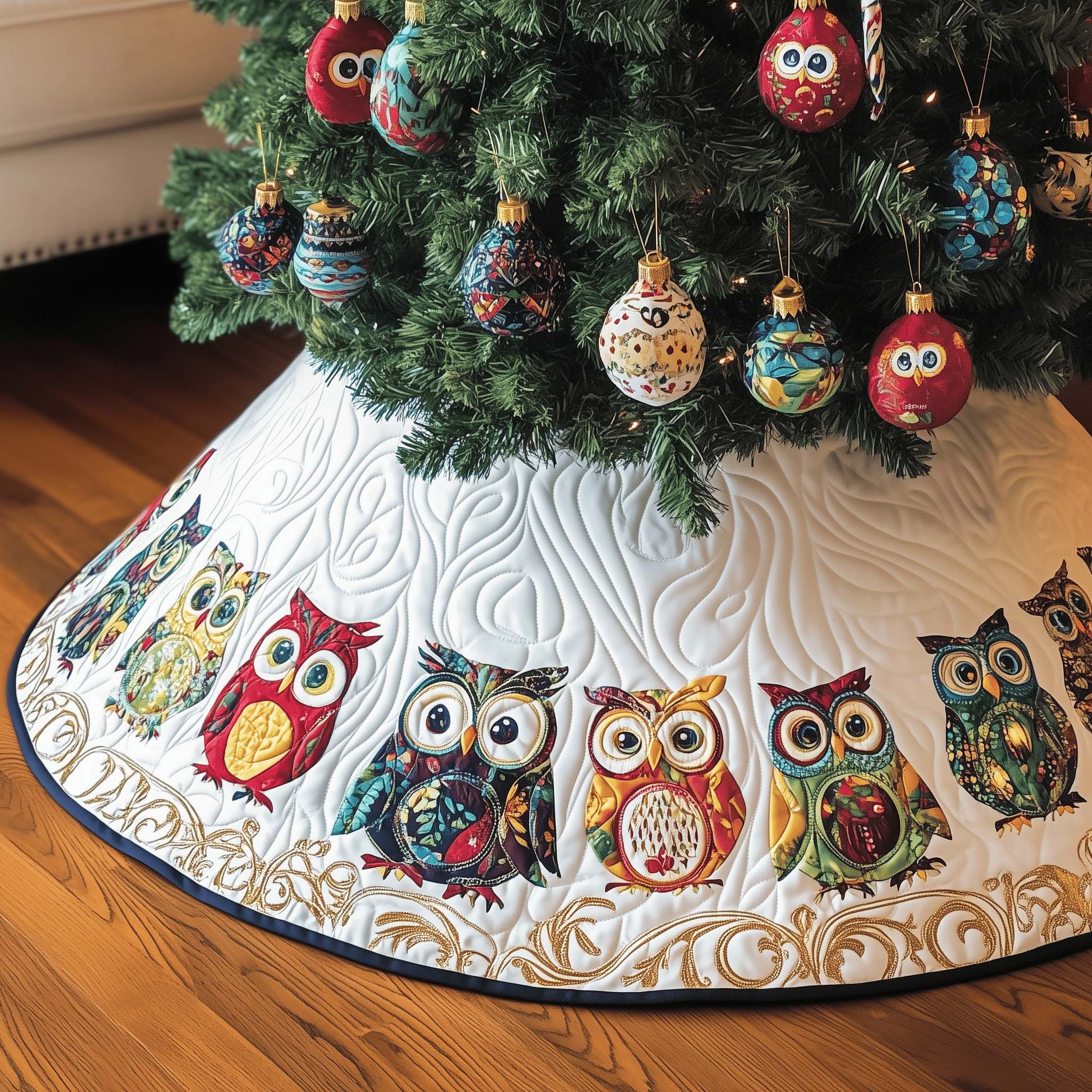 Christmas Owl Quilted Tree Skirt Lovely Mother�s Day Gift Merch