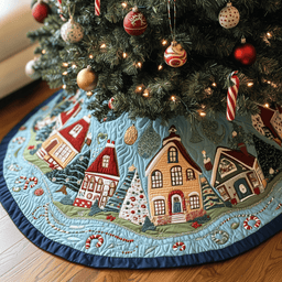 Christmas House Quilted Tree Skirt Warm Gift Merch For Family