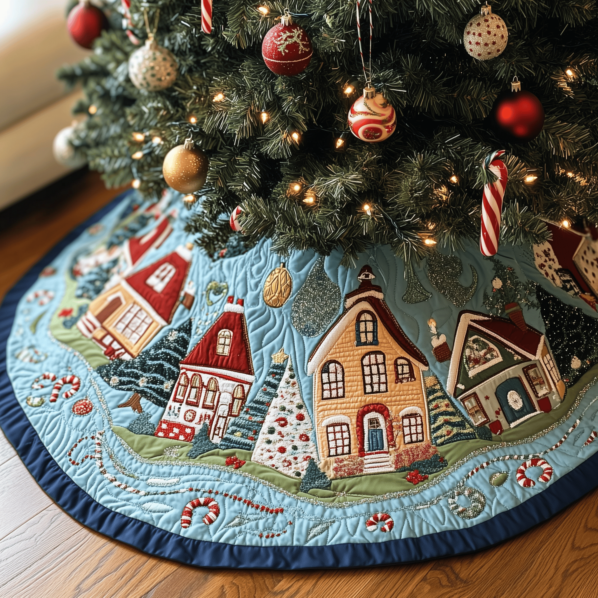 Christmas House Quilted Tree Skirt Warm Gift Merch For Family