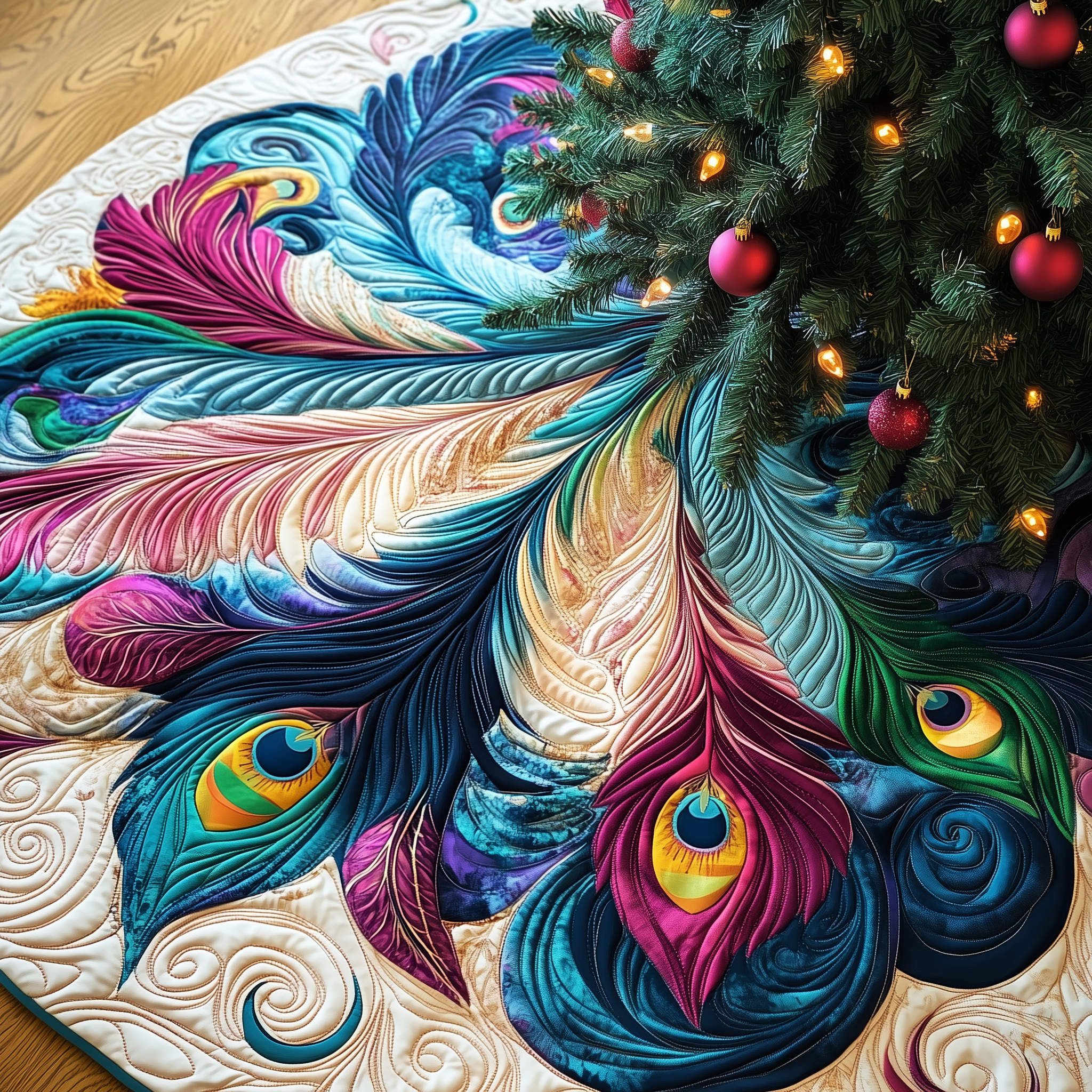 Christmas Peacock Quilted Tree Skirt Perfect Gift Merch For Her