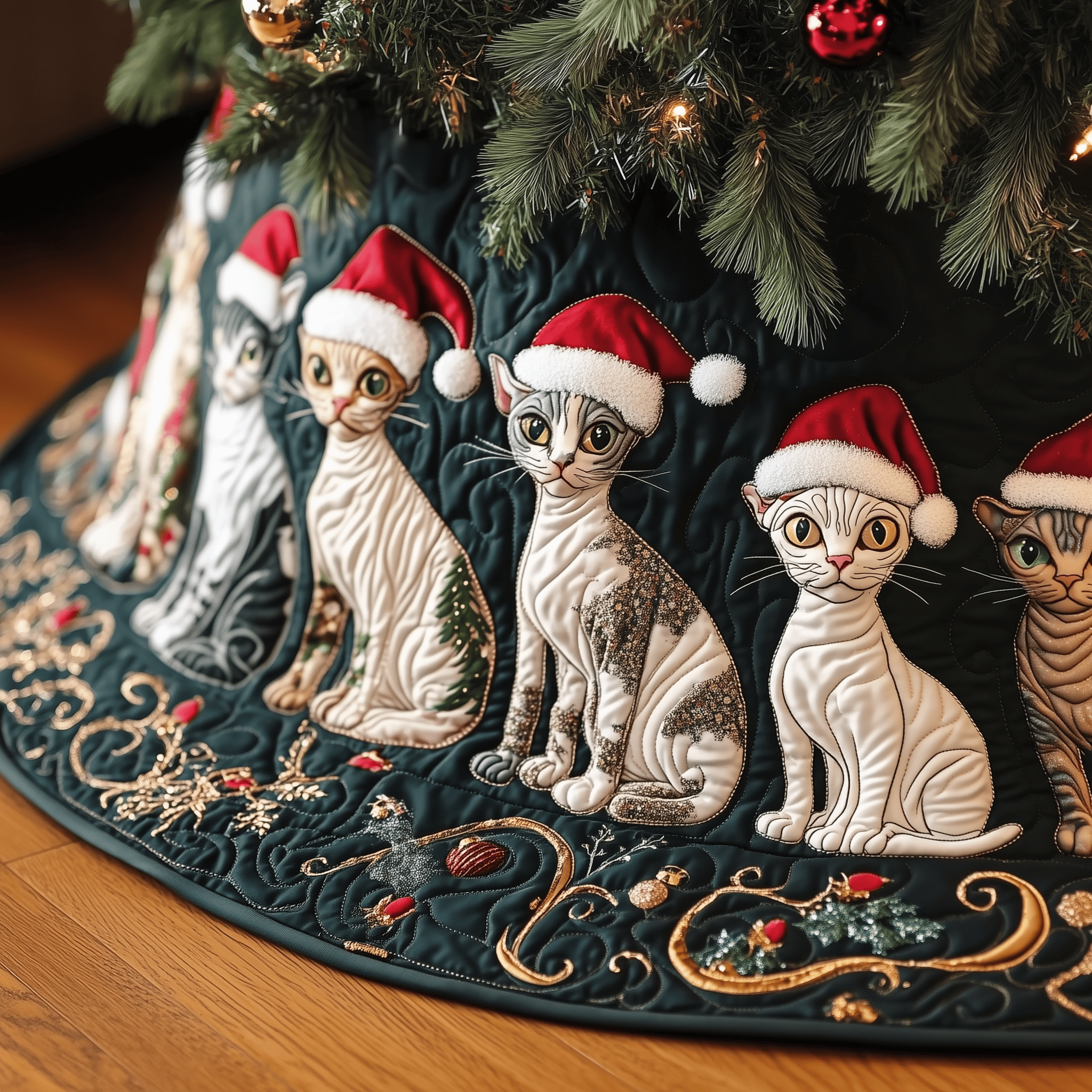 Christmas Joyful Sphynx Cat Quilted Tree Skirt Thoughtful Gift Merch For Dad