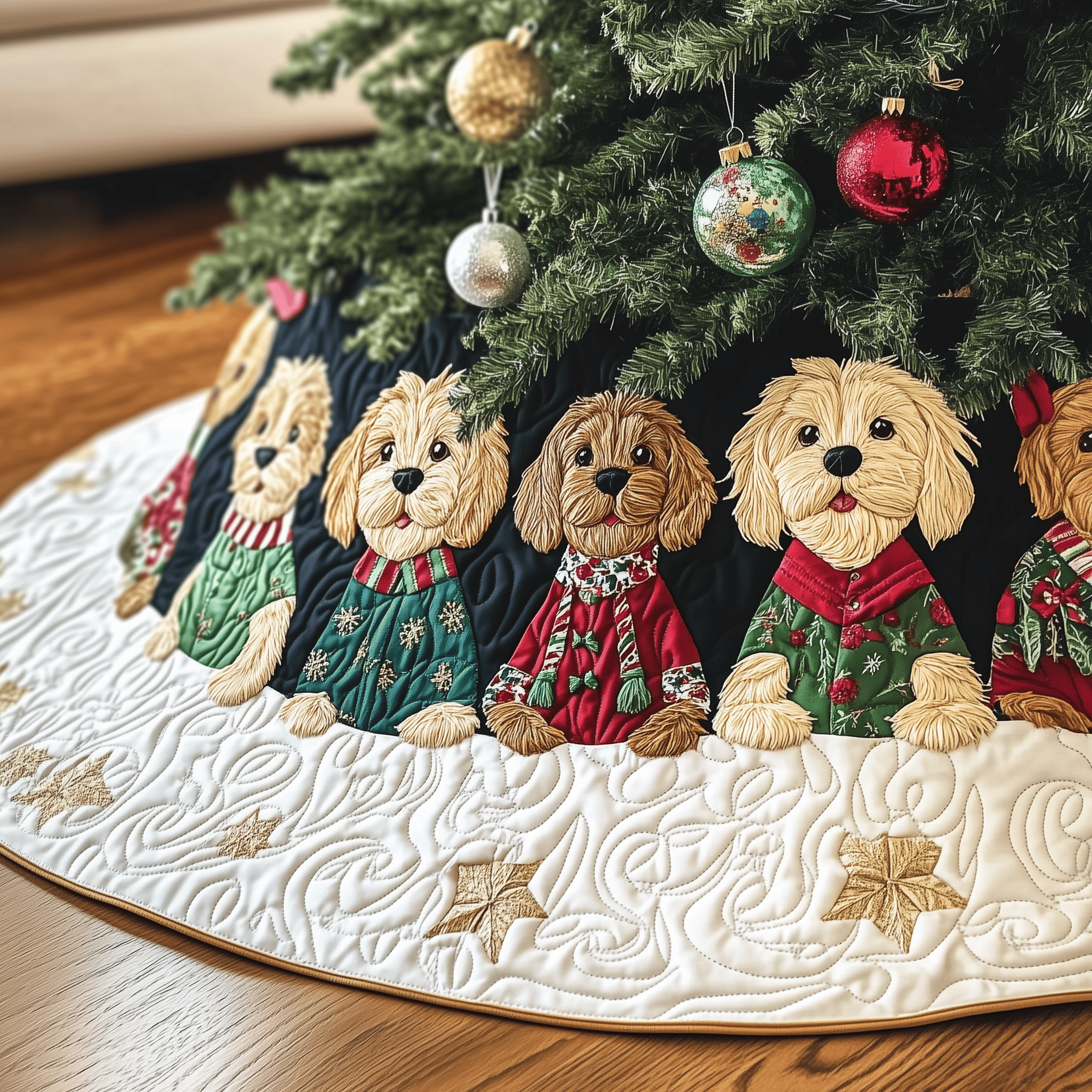 Christmas Goldendoodle Quilted Tree Skirt Unique Gift Merch For Friends