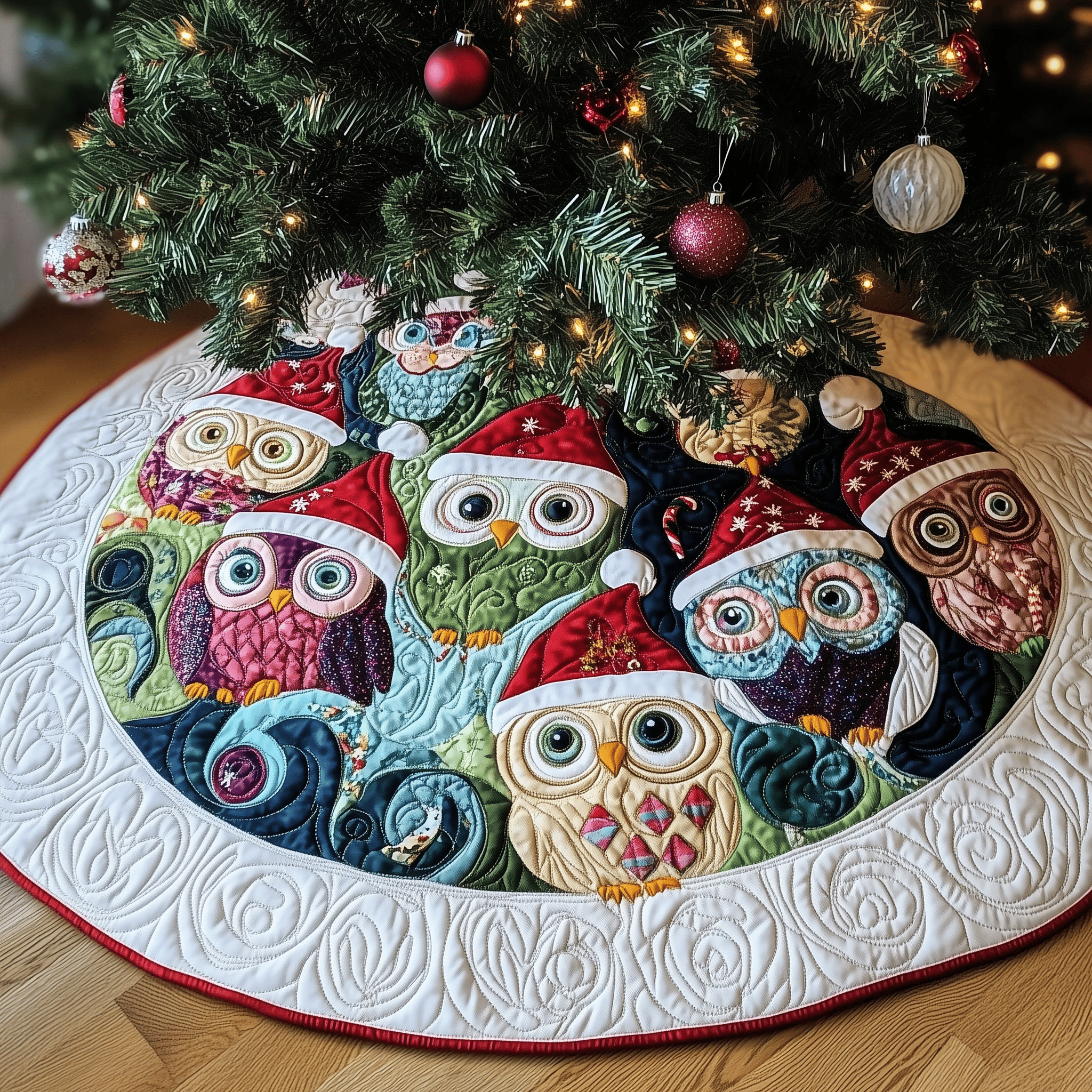 Christmas Owls Quilted Tree Skirt Charming Thanksgiving Gift Merch
