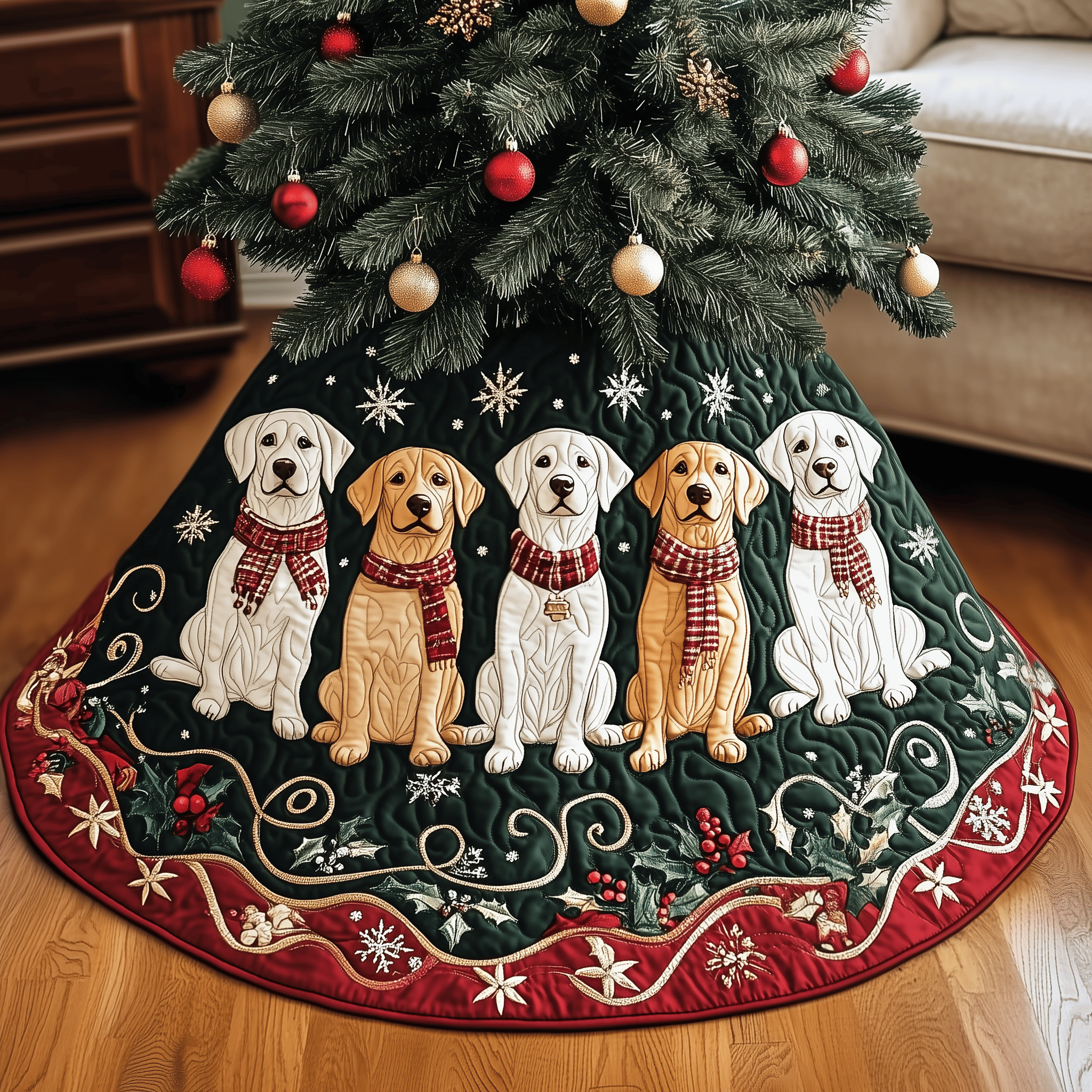 Christmas Labrador Quilted Tree Skirt Charming Holiday Home Merch