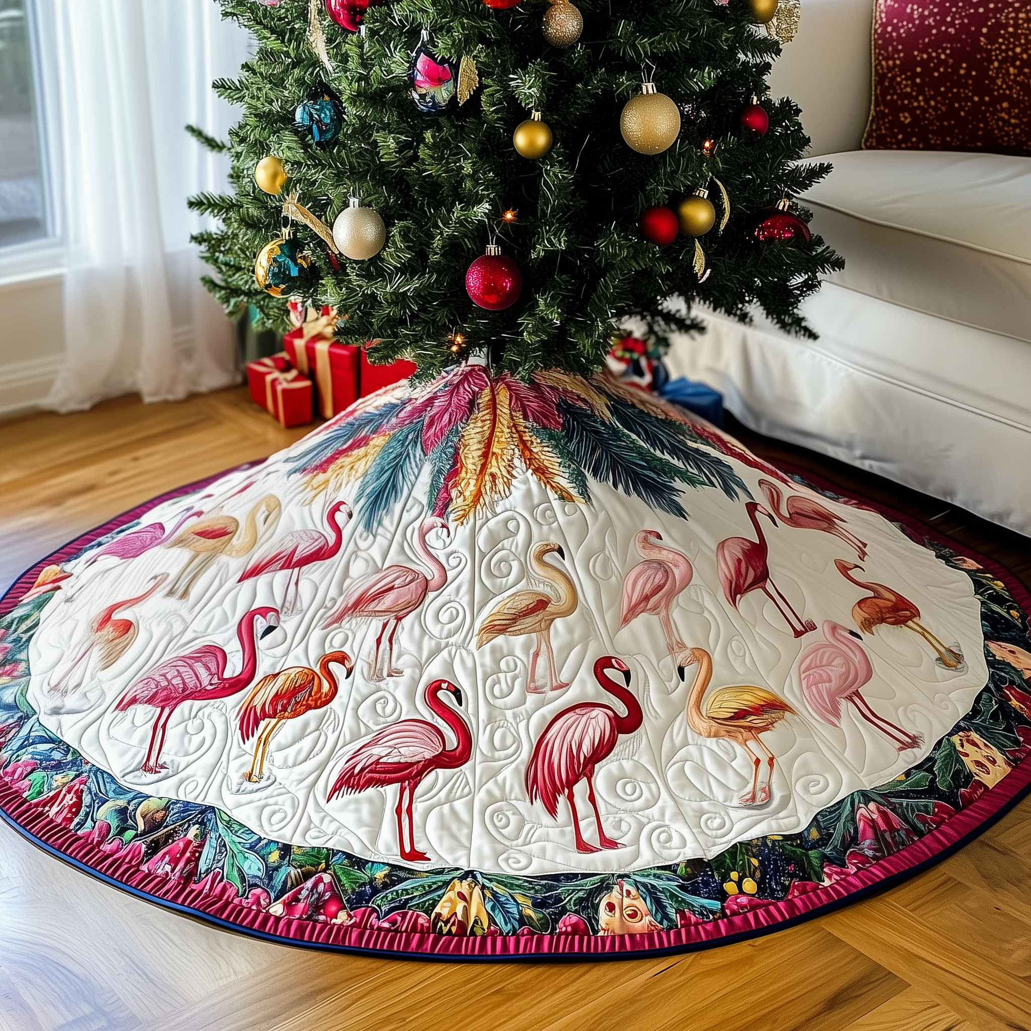 Christmas Flamingo Quilted Tree Skirt Heartwarming Family Gathering Merch