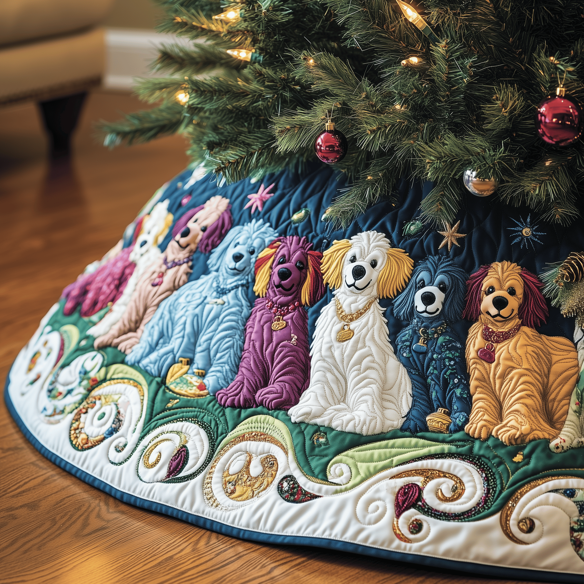 Christmas Colorful Poodle Quilted Tree Skirt Best Gift Merch For Him