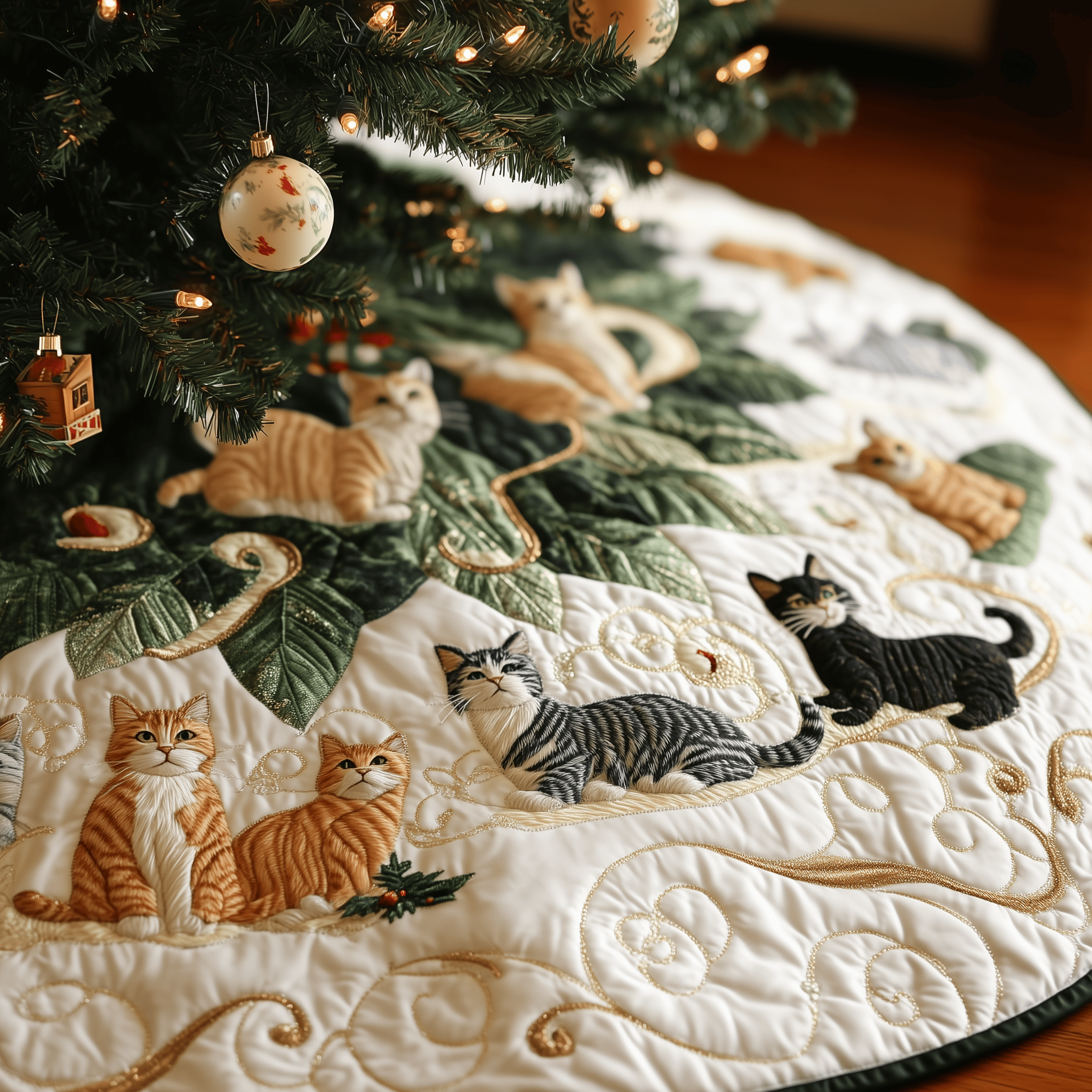 Christmas Cat Quilted Tree Skirt Merch For Dad