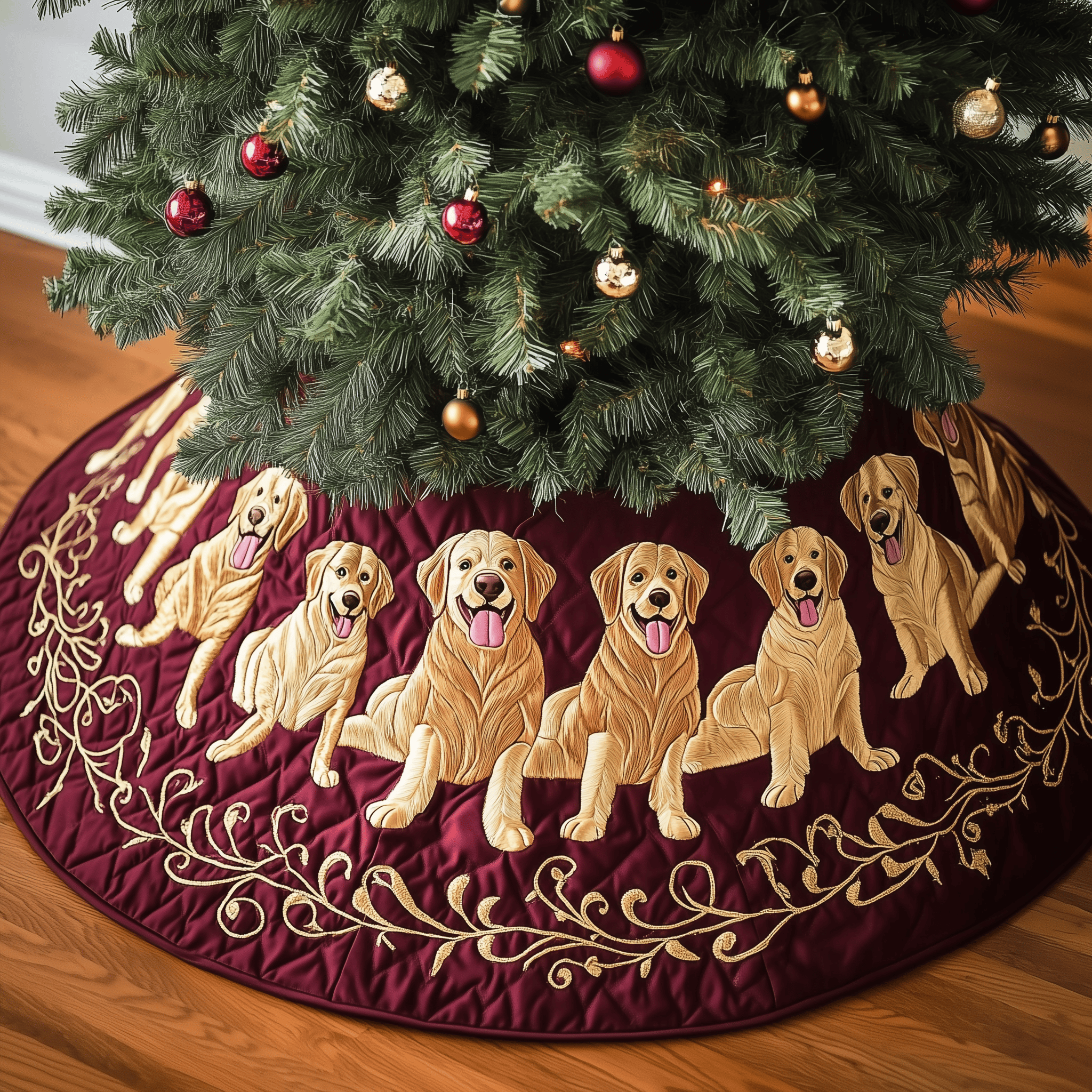 Christmas Golden Retriever Quilted Tree Skirt Lovely Gift Merch For Couples