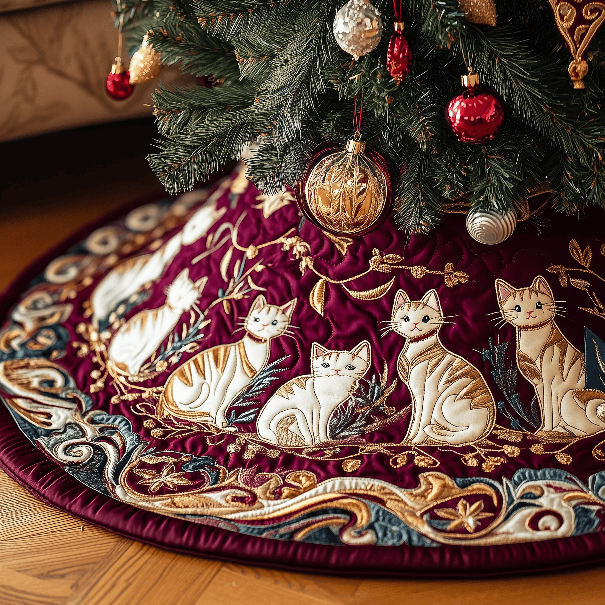 Christmas Cat Quilted Tree Skirt Merch For Home And Bedroom