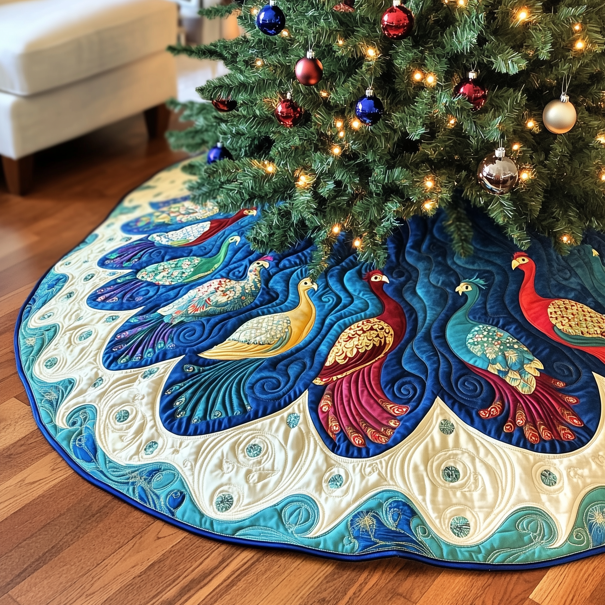Christmas Peacock Quilted Tree Skirt Unique Gift Merch For Friends