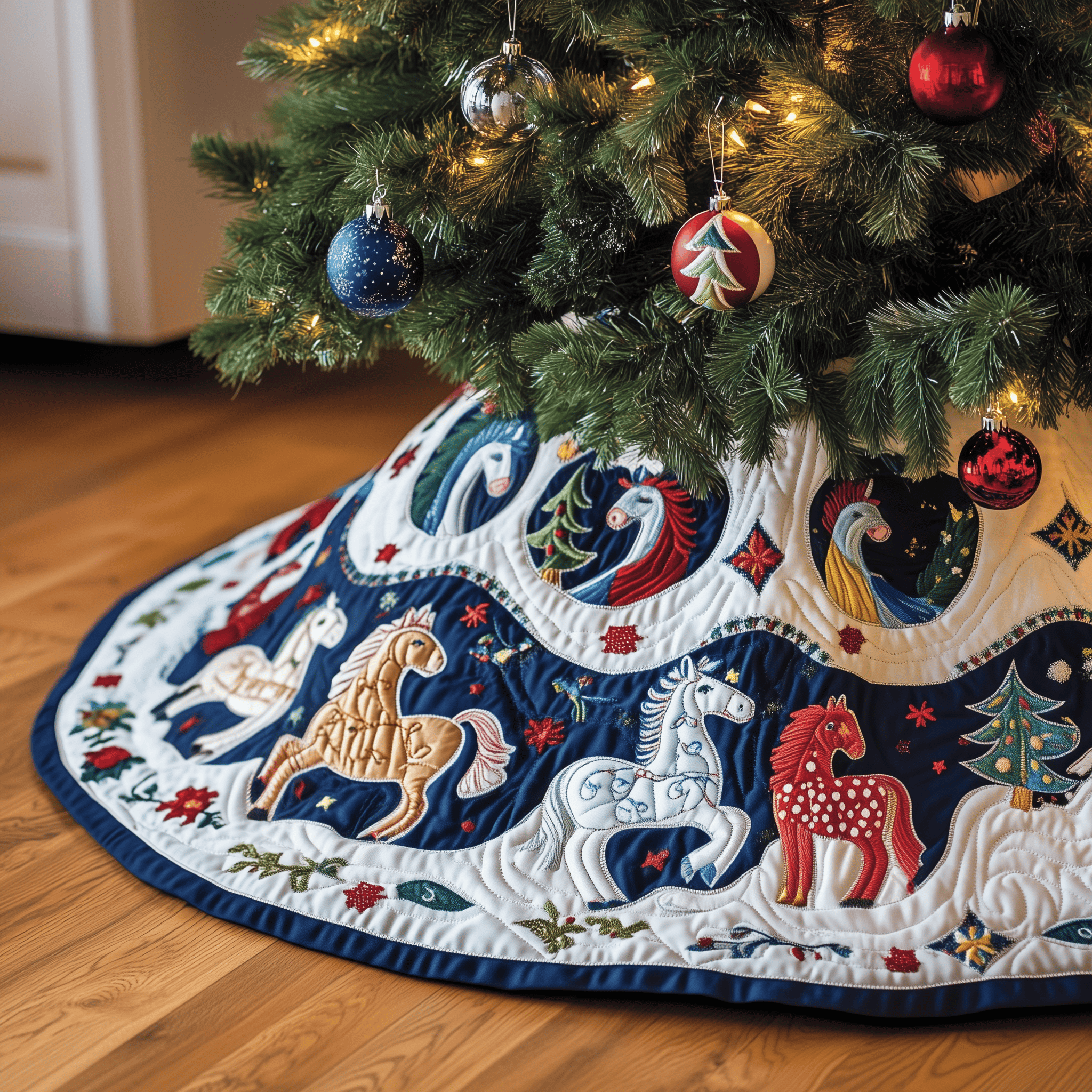 Christmas Horse Quilted Tree Skirt Joyful Holiday Season Gift Merch