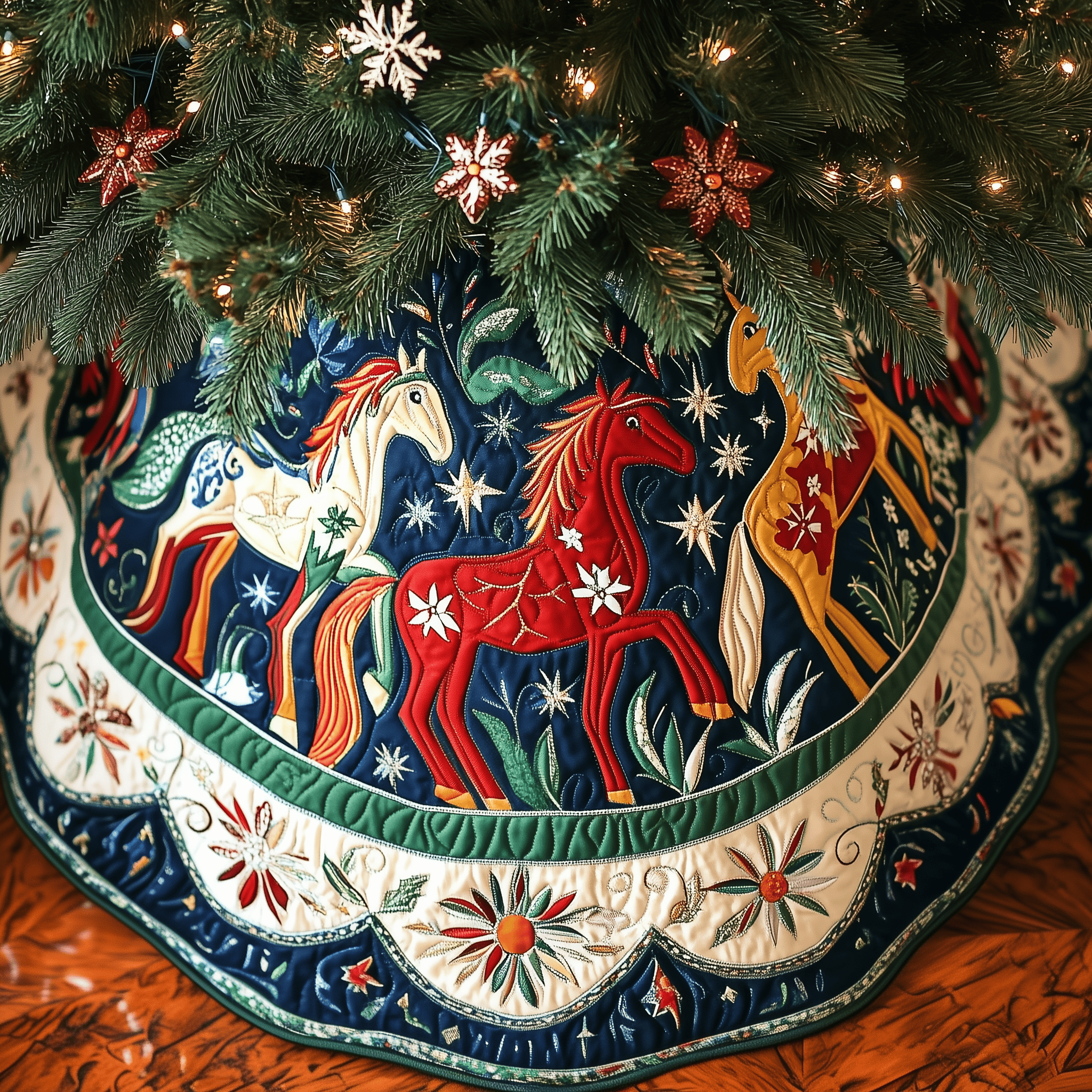 Christmas Horse Quilted Tree Skirt Charming Thanksgiving Gift Merch