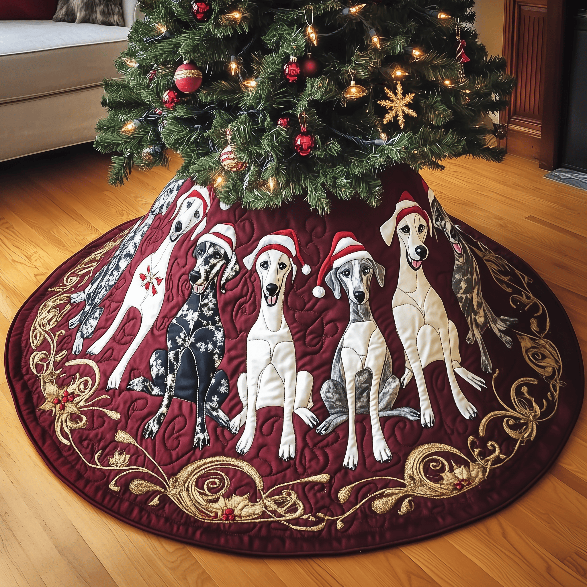 Christmas Greyhound Quilted Tree Skirt Heartwarming Family Gathering Merch