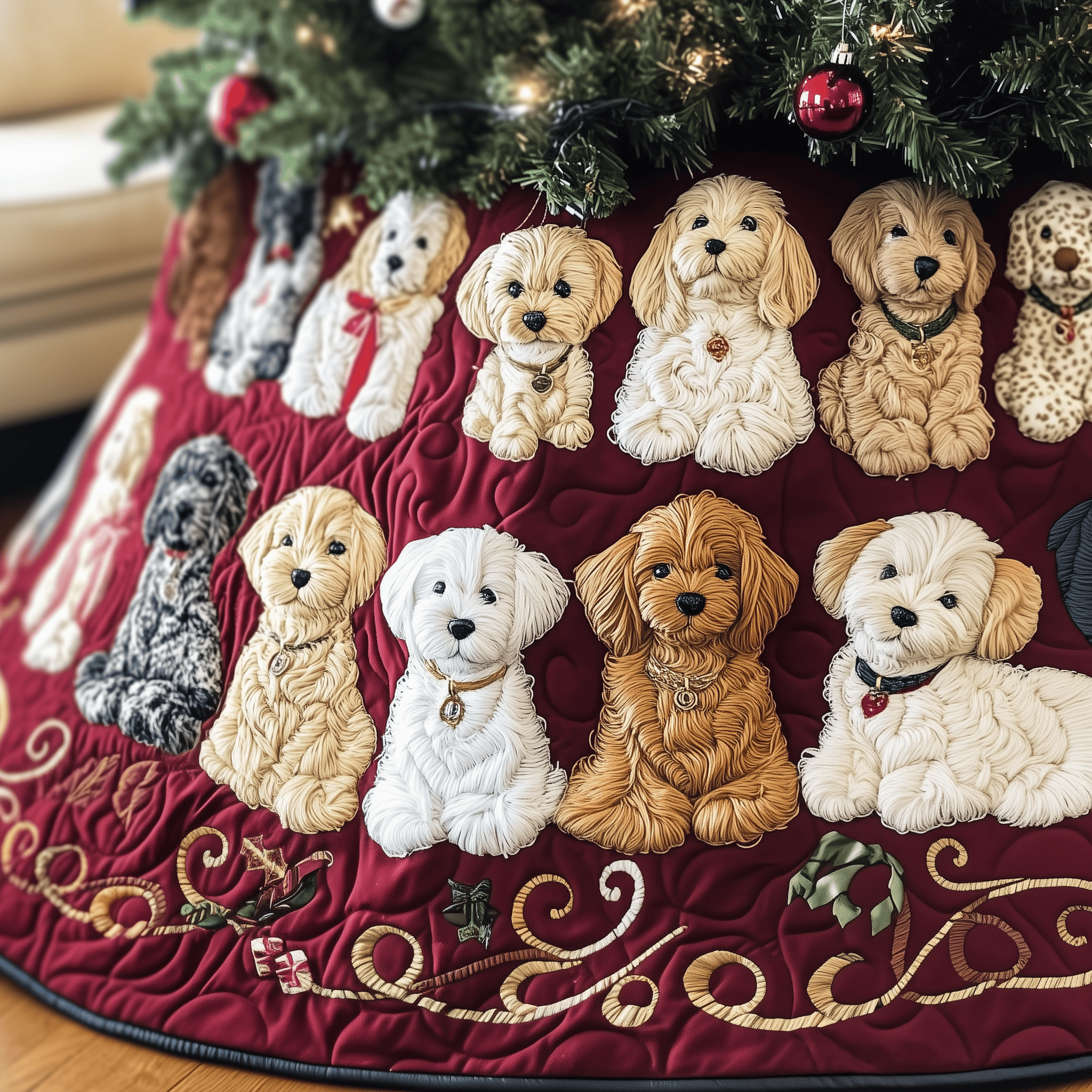 Christmas Goldendoodle Quilted Tree Skirt Stylish Holiday Decor Gift Merch