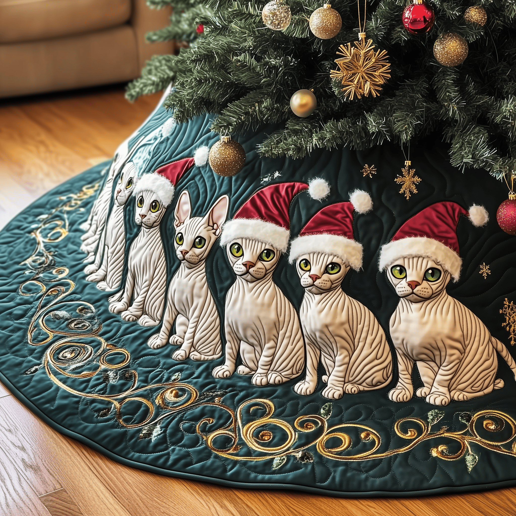 Christmas Joyful Sphynx Cat Quilted Tree Skirt Heartfelt Gift Merch For Mom