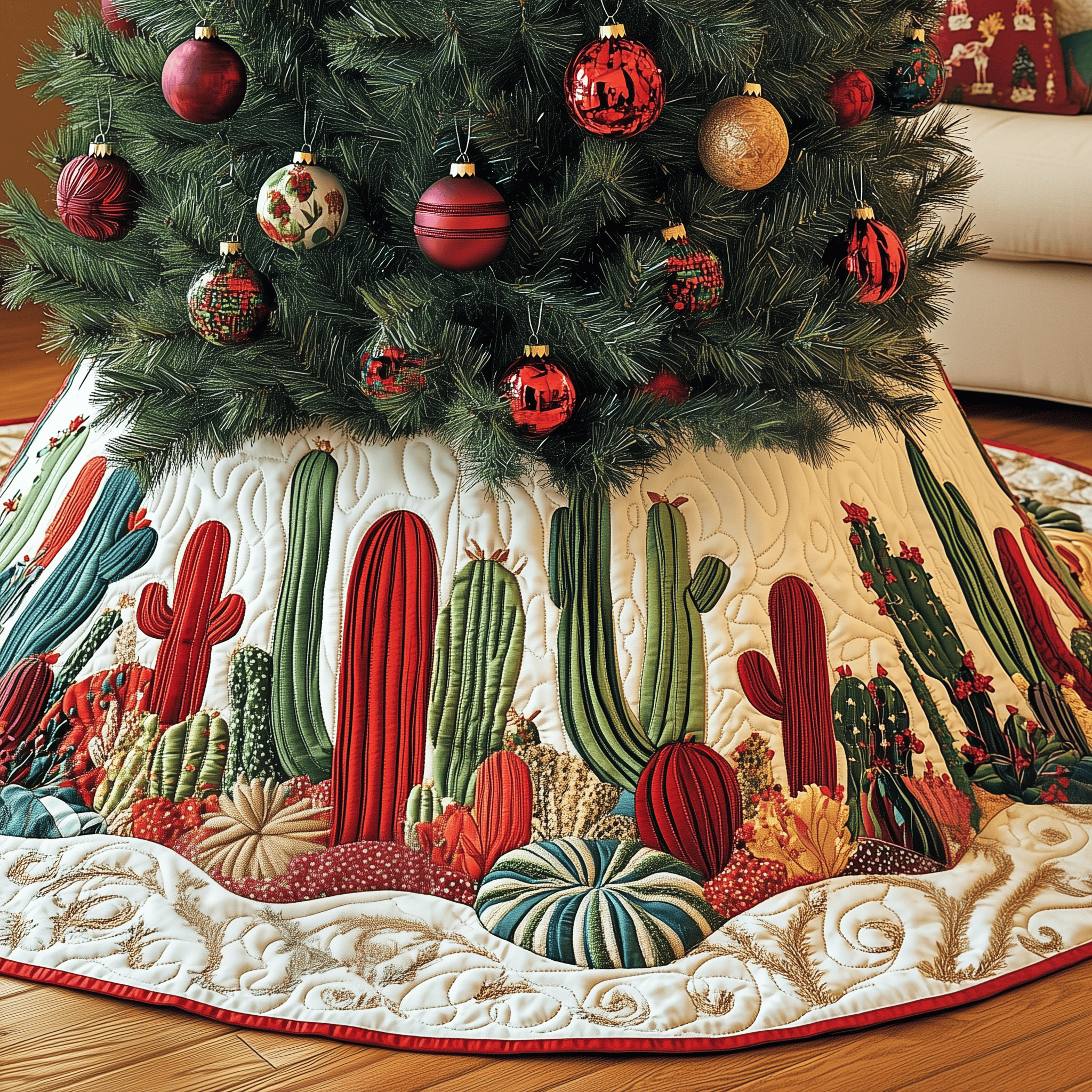 Christmas Southwest Cactus Quilted Tree Skirt Special Birthday Gift Merch