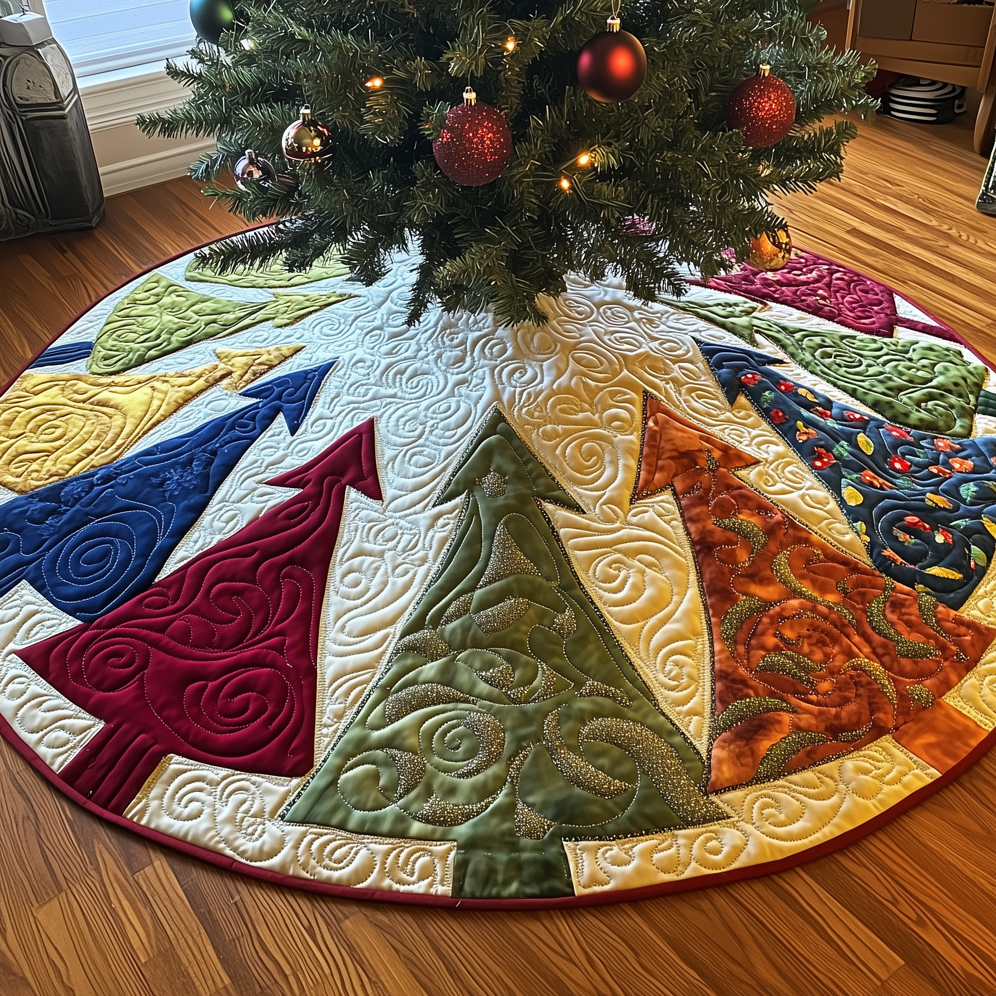 Colorful Christmas Trees Quilted Tree Skirt Holiday Gift Merch