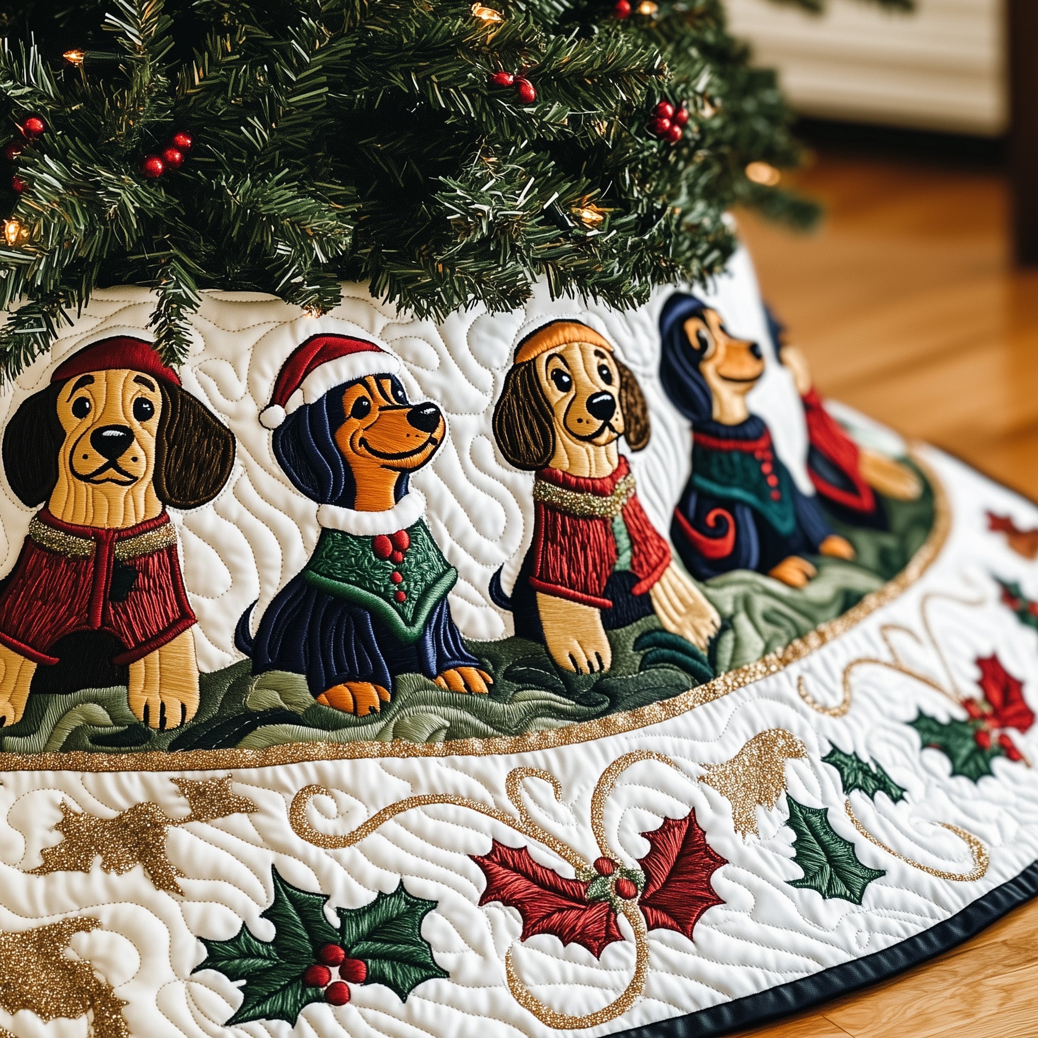 Dachshund Charm Quilted Tree Skirt Holiday Tree Skirt Must-Have